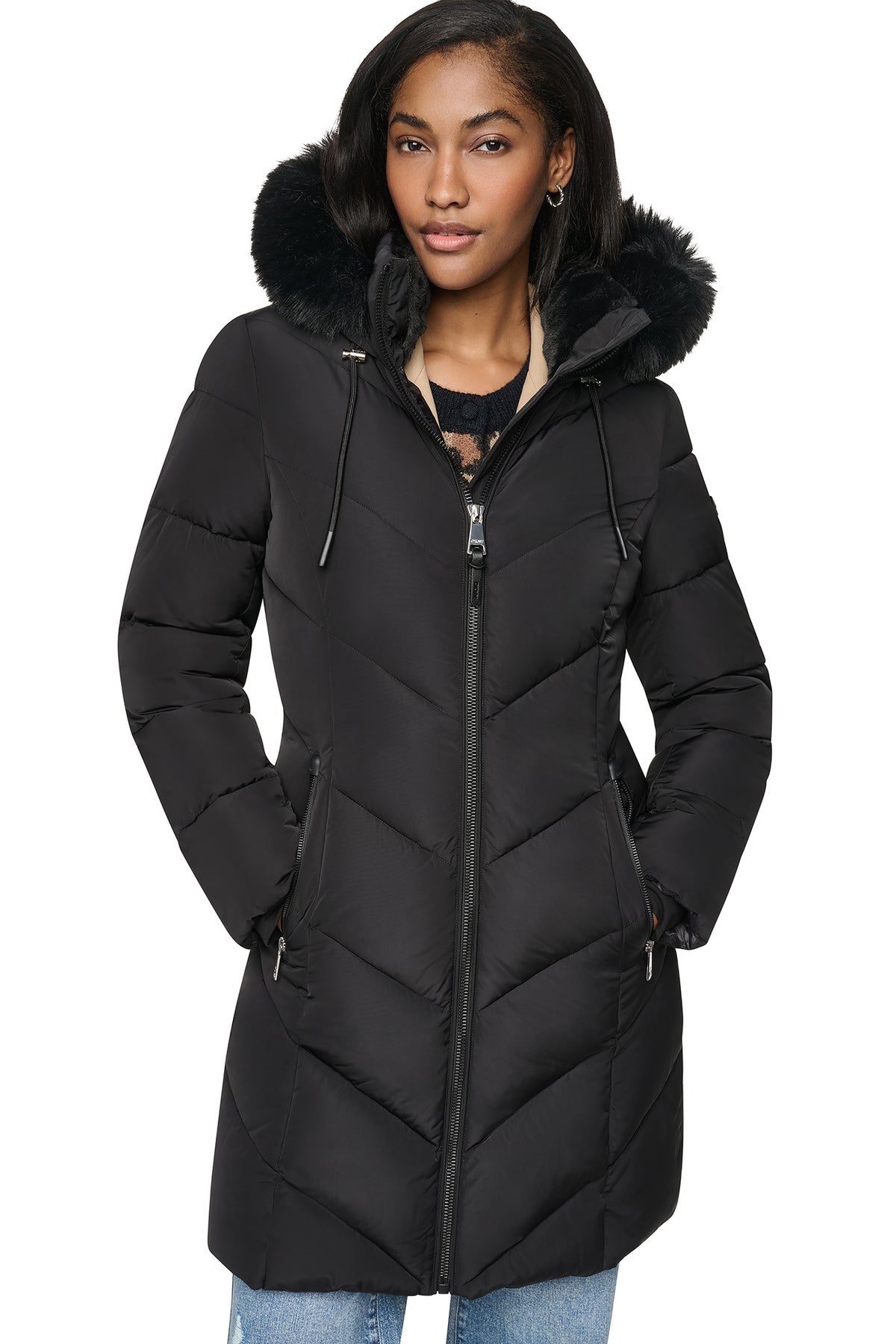 FAUX FUR LINED HOODED PUFFER VIEW 1