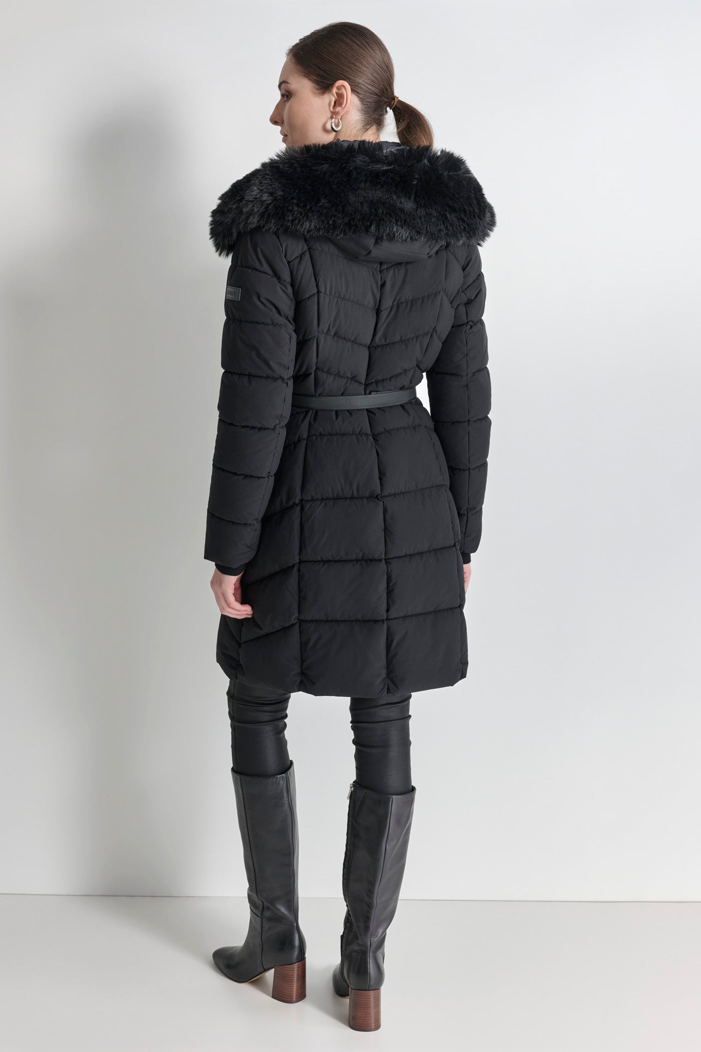 Black BIBBED FAUX-FUR HOODED PUFFER, BACK VIEW | WOMENS COATS & JACKETS