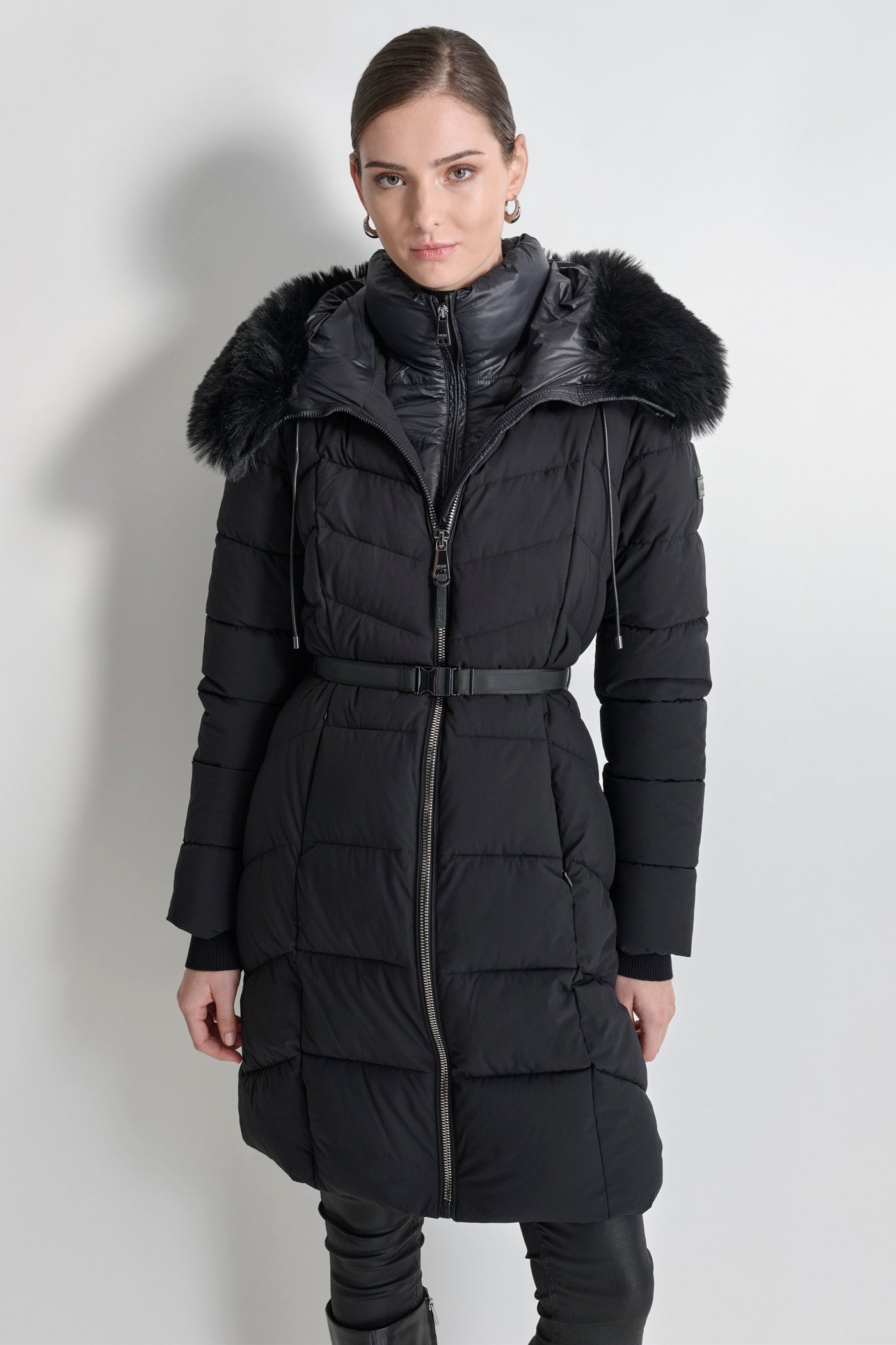 Black BIBBED FAUX-FUR HOODED PUFFER, FRONT VIEW | WOMENS COATS & JACKETS