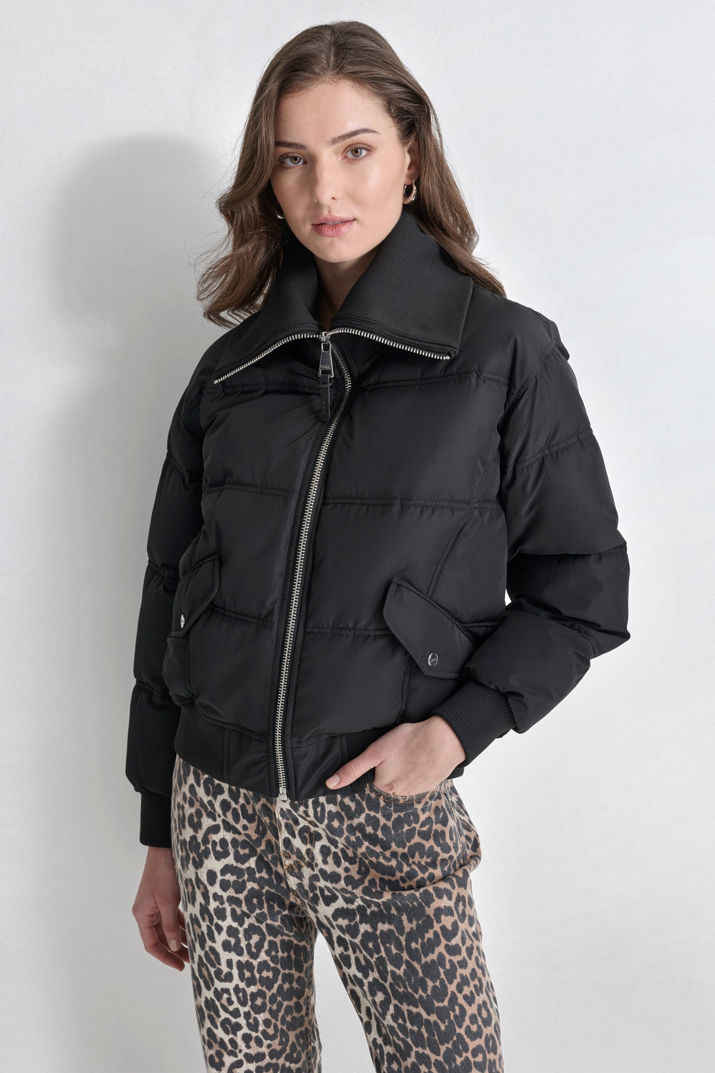 Black KNIT-TRIM ZIP-FRONT PUFFER COAT, VIEW 1 | Outerwear Under $100