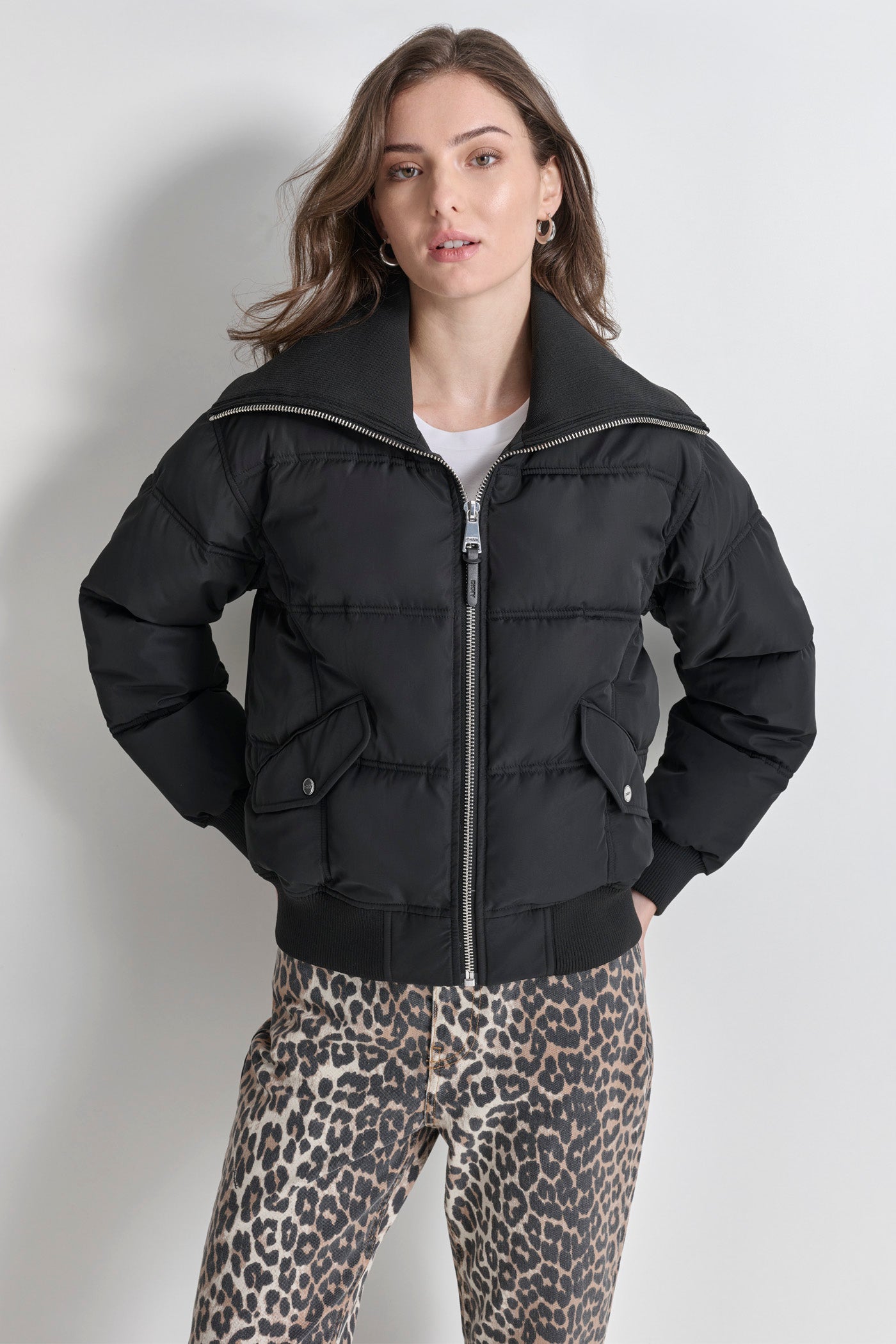 Black KNIT-TRIM ZIP-FRONT PUFFER COAT, VIEW 2 | Outerwear Under $100