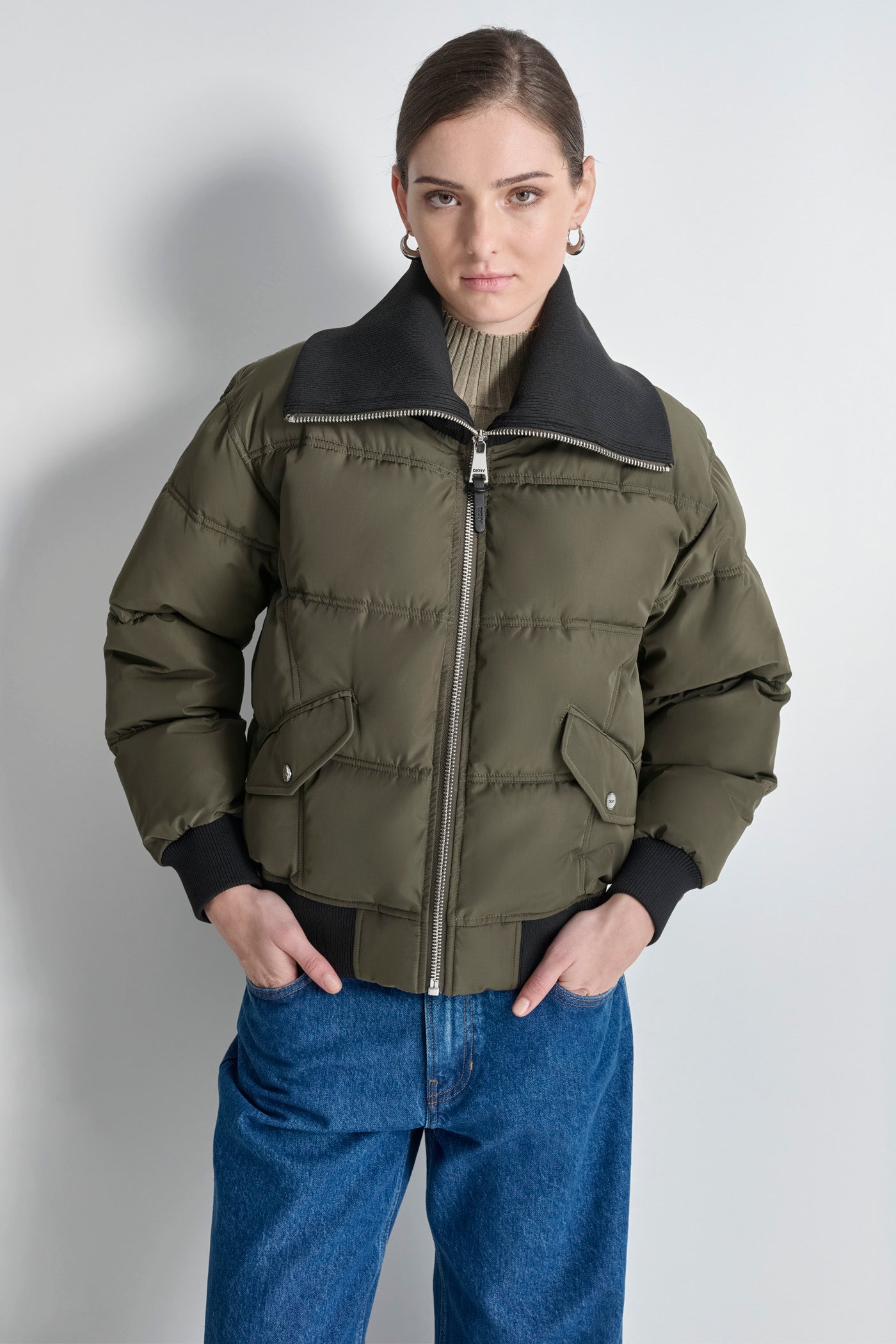 Green KNIT-TRIM ZIP-FRONT PUFFER COAT, VIEW 1 | Outerwear Under $100