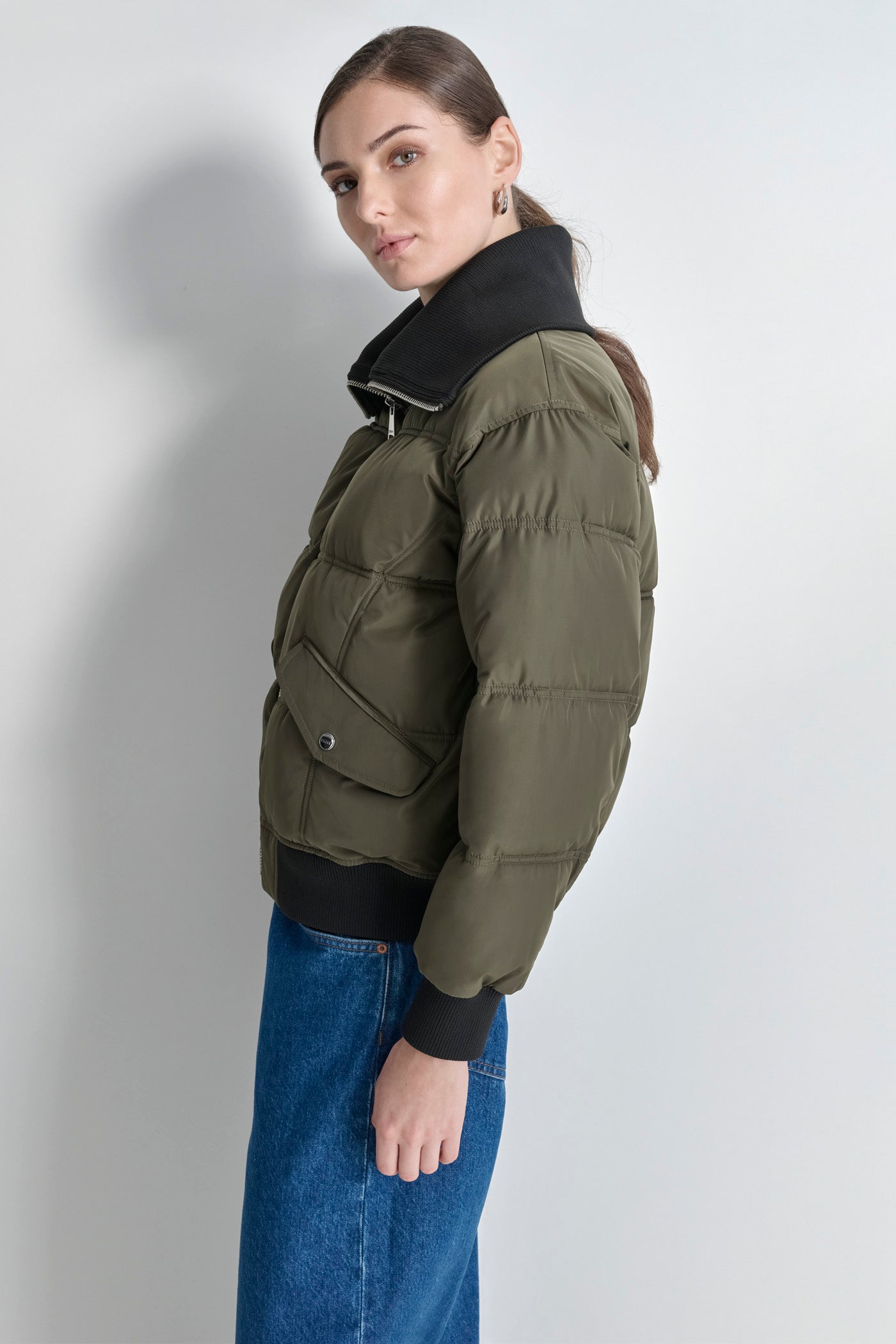 Green KNIT-TRIM ZIP-FRONT PUFFER COAT, VIEW 2 | Outerwear Under $100