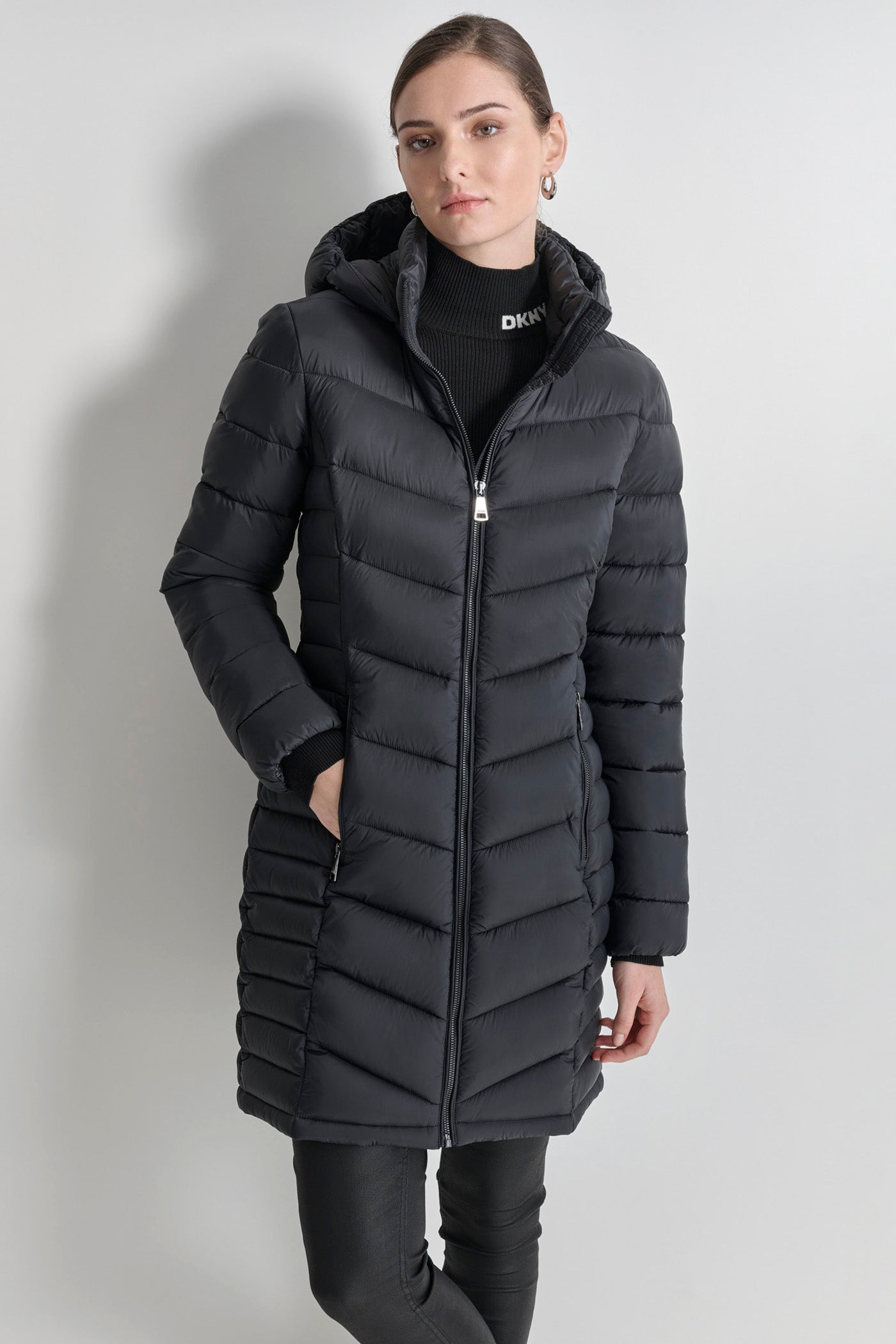 Black MIDI PUFFER JACKET WITH SIDE POCKETS, FRONT VIEW | New clothing
