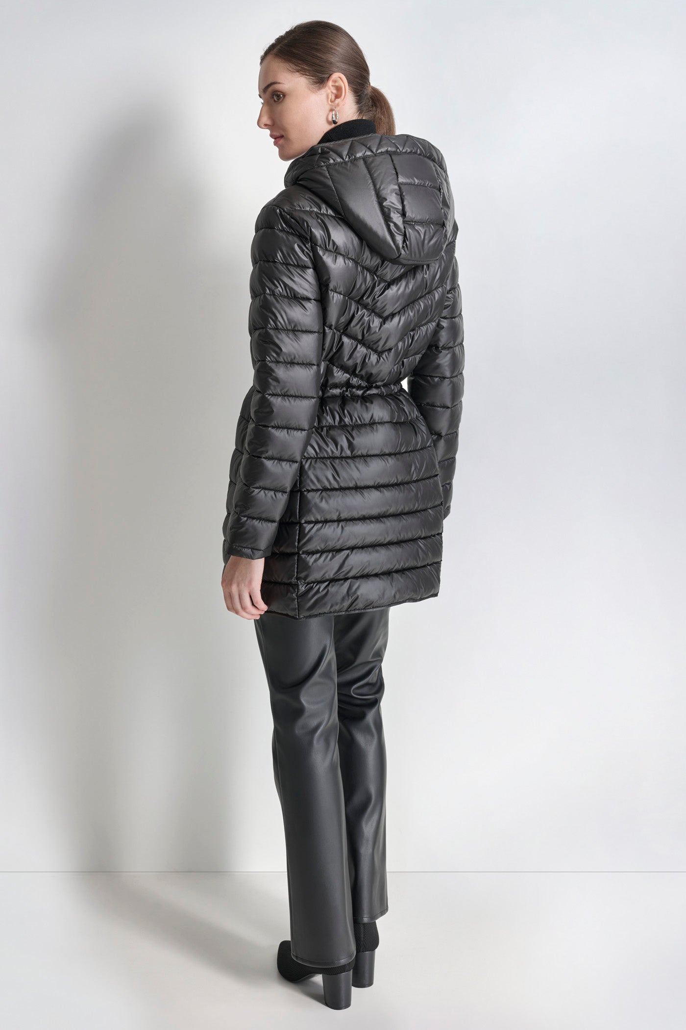Black PUFFER JACKET WITH CINCHED WAIST, BACK VIEW | Products