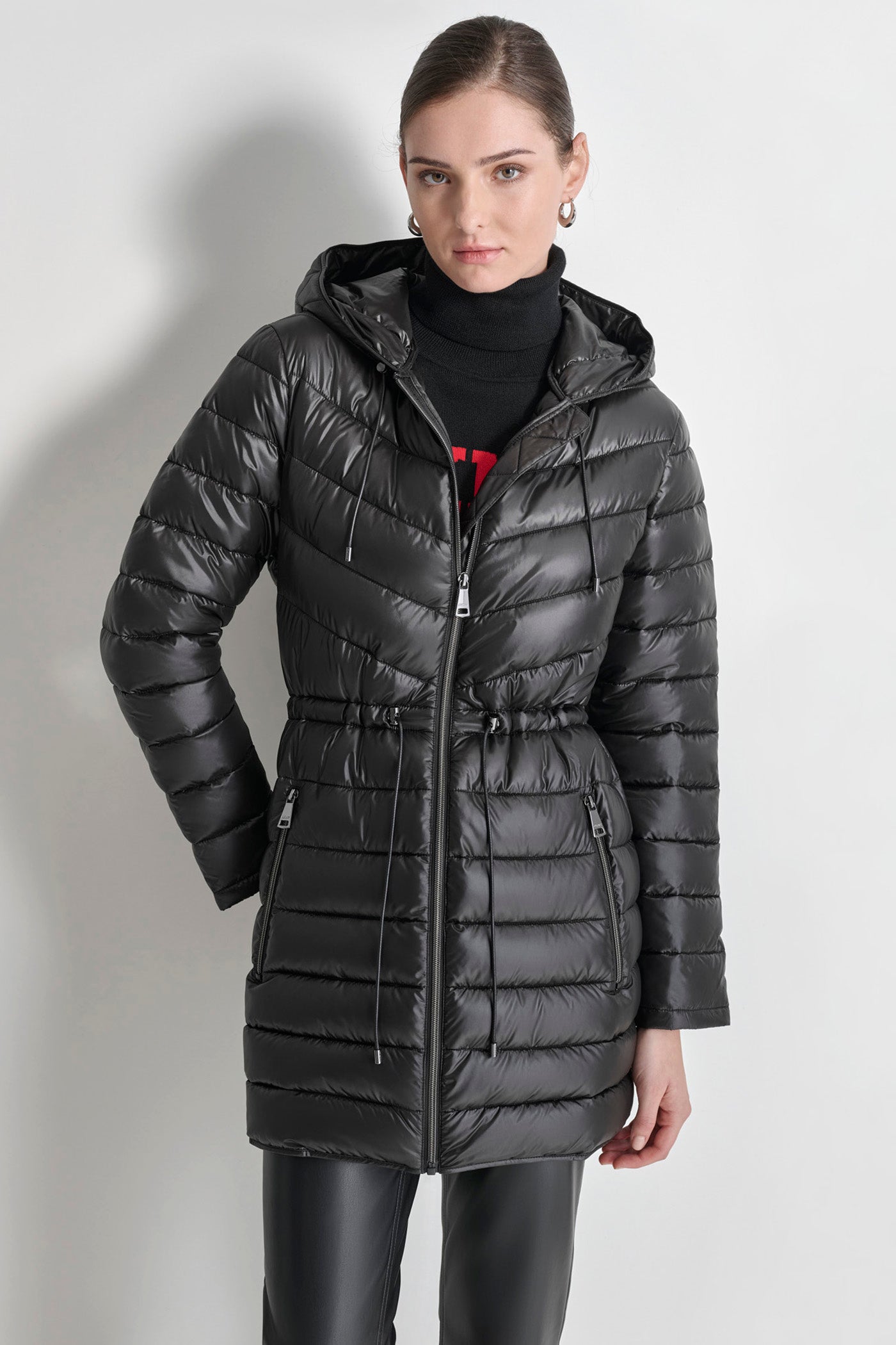 Black PUFFER JACKET WITH CINCHED WAIST, FRONT VIEW | Products