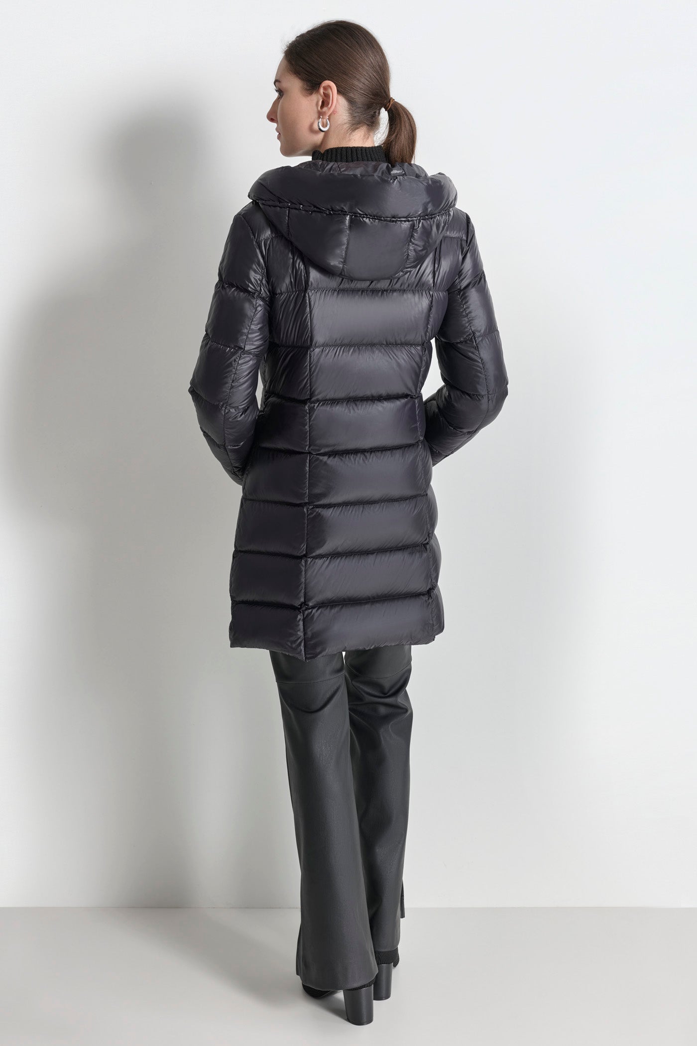 Black DOWN FILLED LONG PUFFER, BACK VIEW | Not Clearance or Preorder