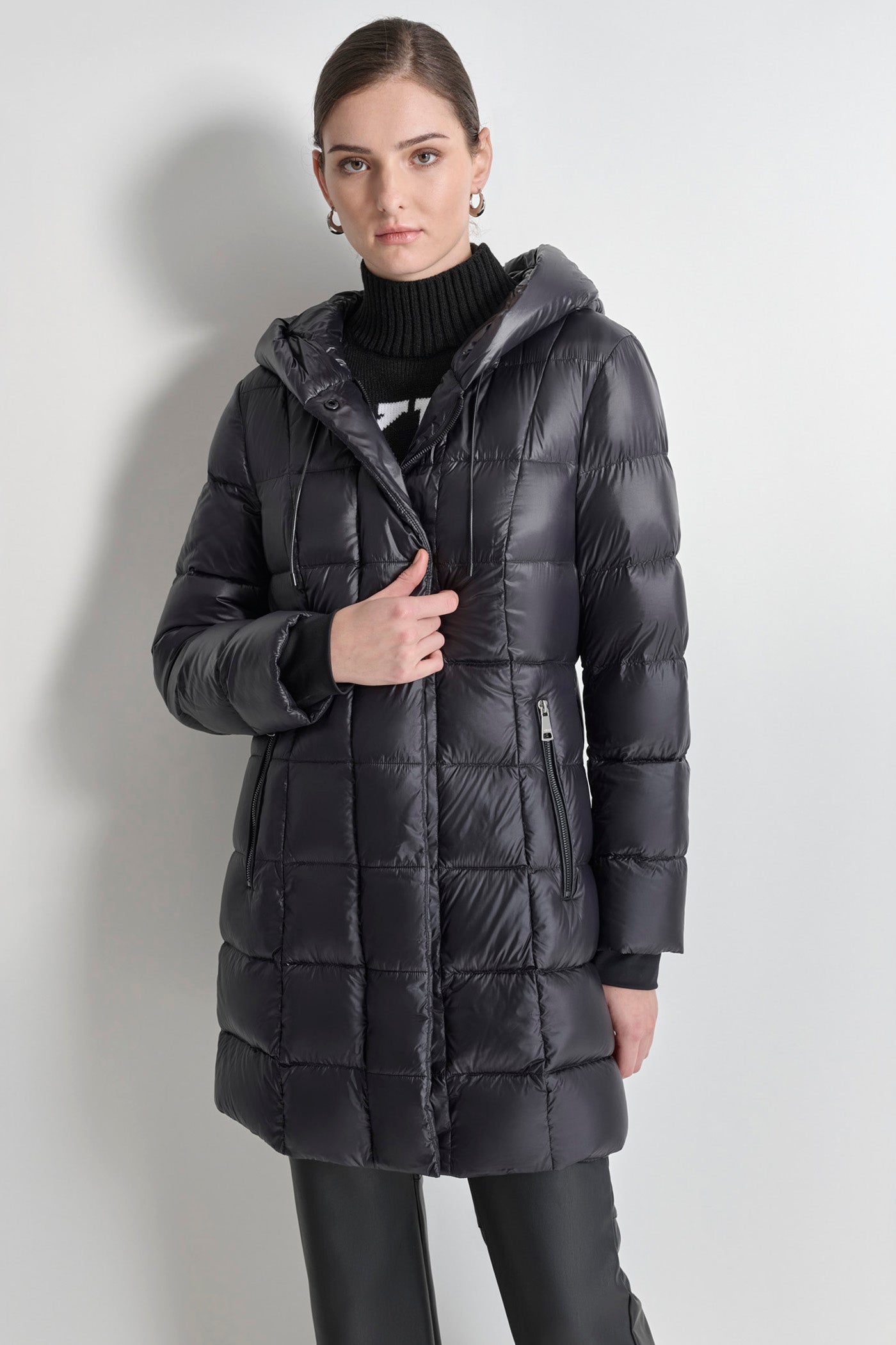 Black DOWN FILLED LONG PUFFER, FRONT VIEW | Not Clearance or Preorder