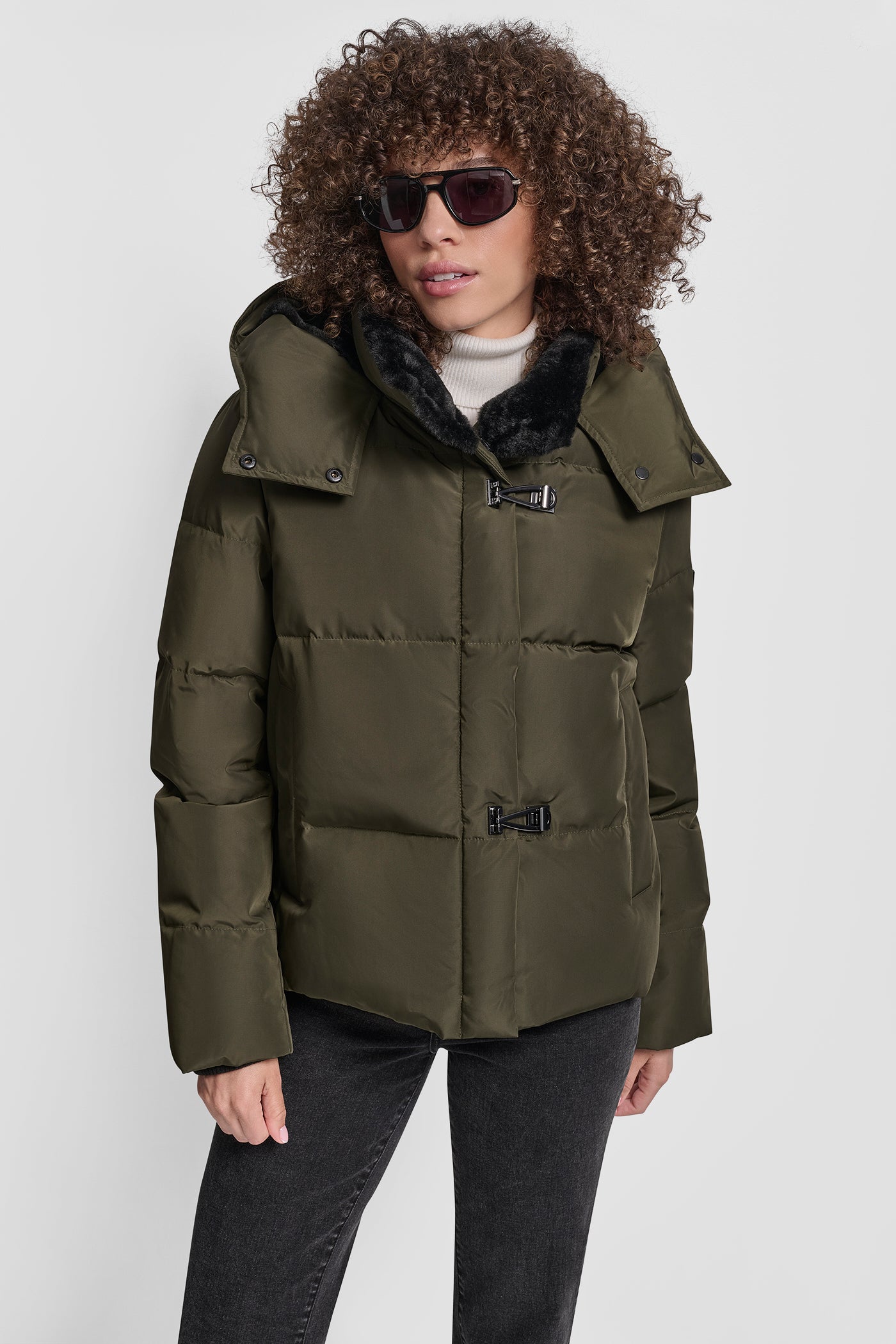 LODEN PLUSH PUFFER WITH TOGGLE AND FUR HOOD, VIEW 1 | Cold Weather Coats