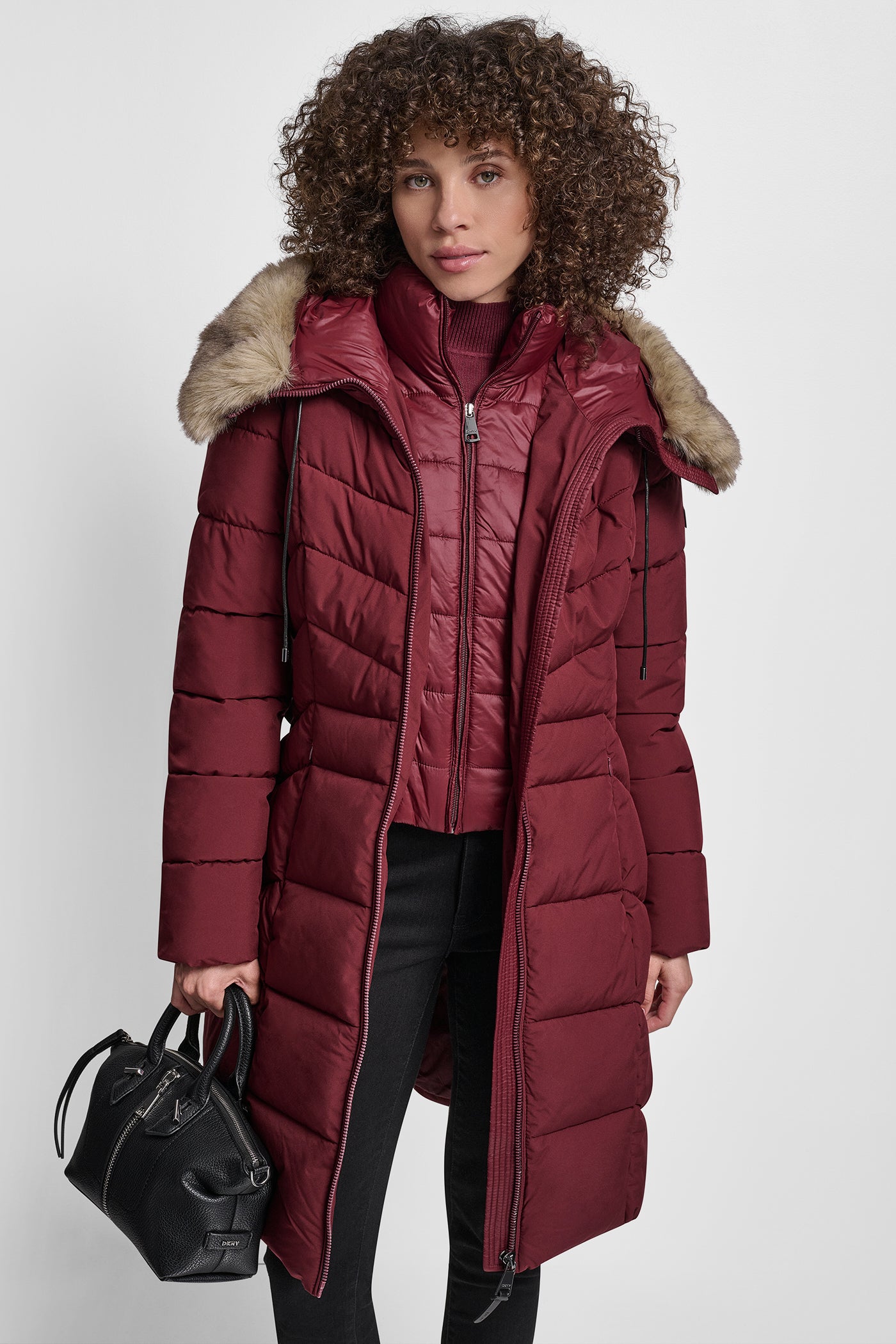 BORDEAUX BIBBED FAUX-FUR HOODED PUFFER, VIEW 1 | Backpacks