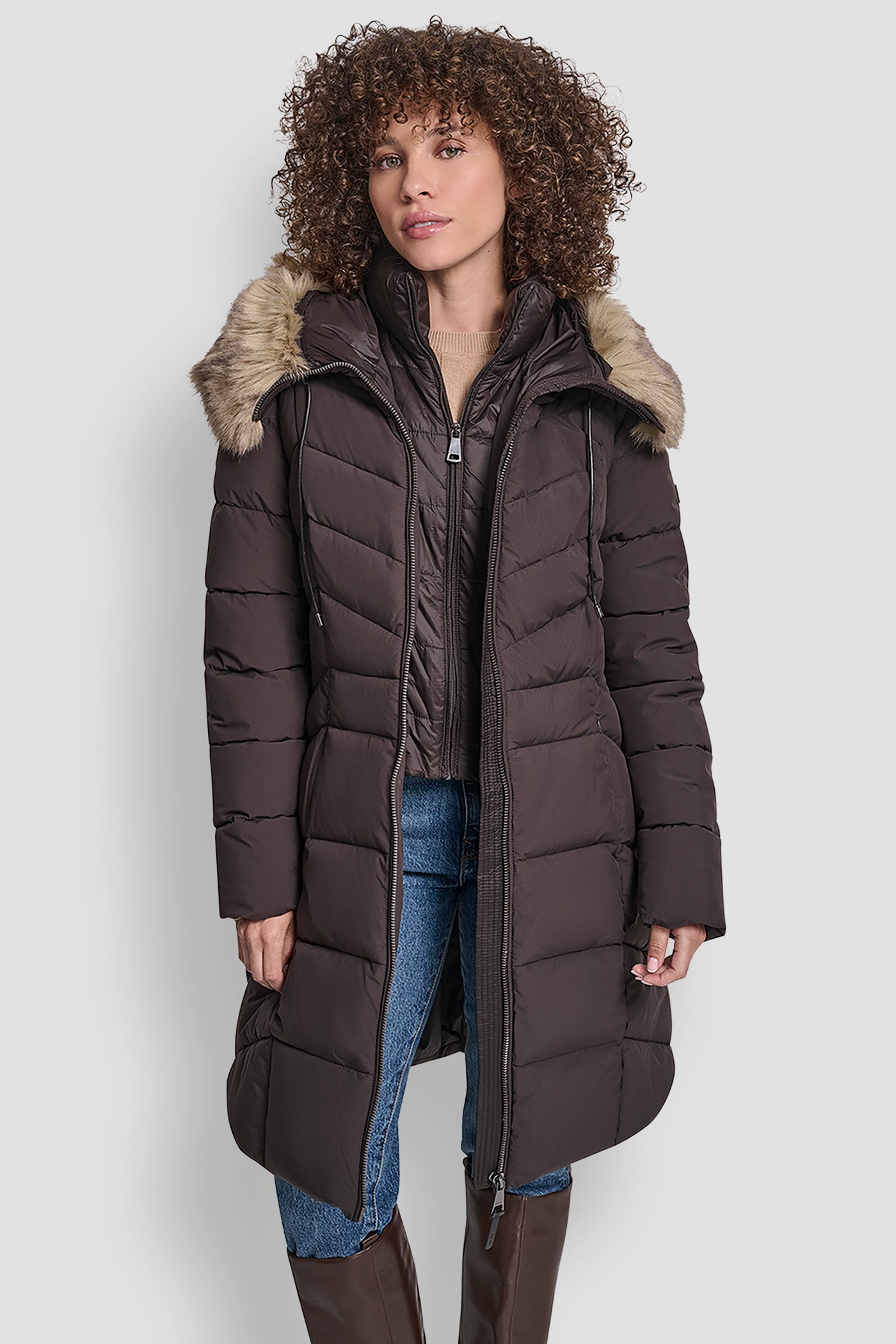 Brown BIBBED FAUX-FUR HOODED PUFFER, VIEW 1 | Backpacks