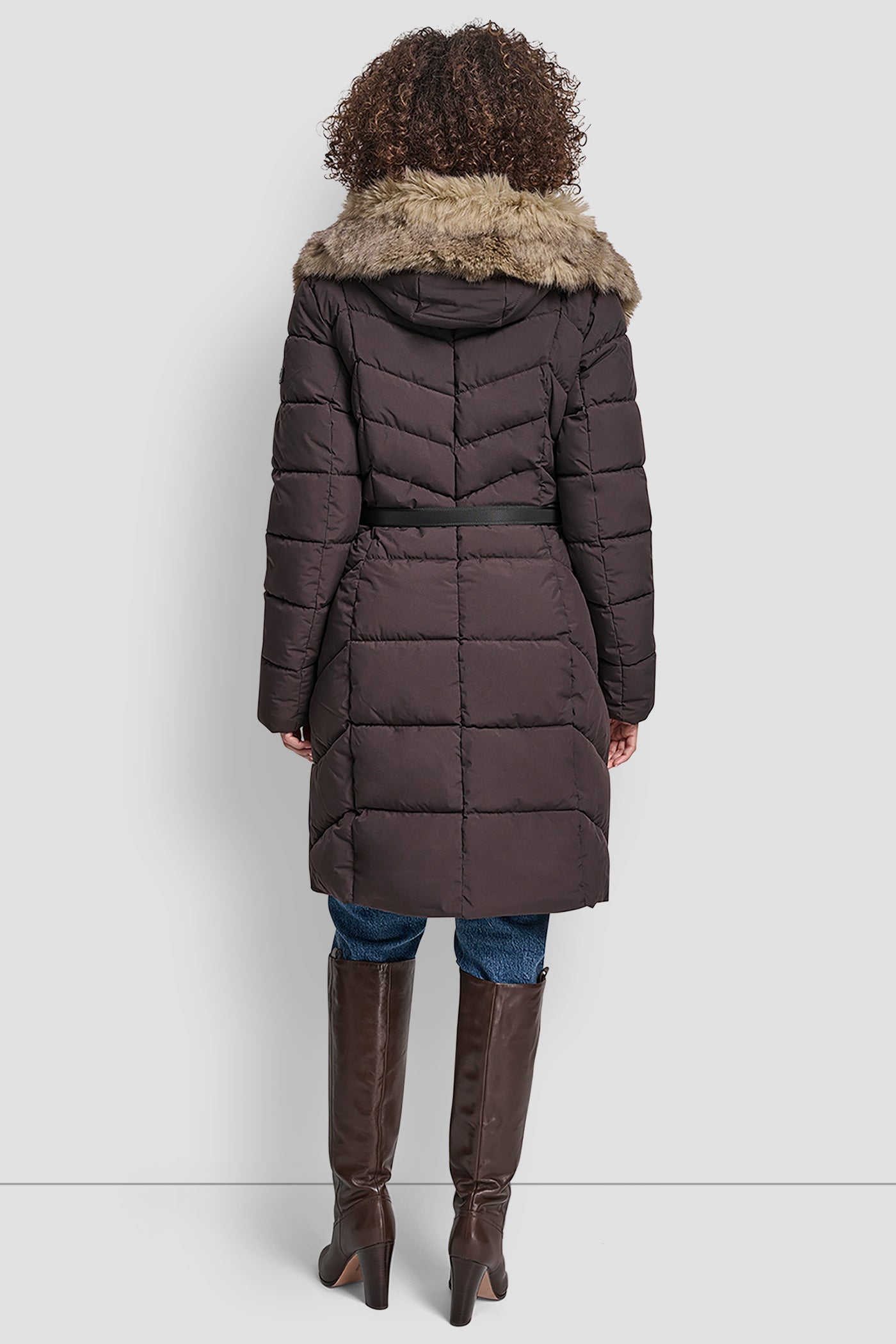 Brown BIBBED FAUX-FUR HOODED PUFFER, VIEW 2 | Backpacks
