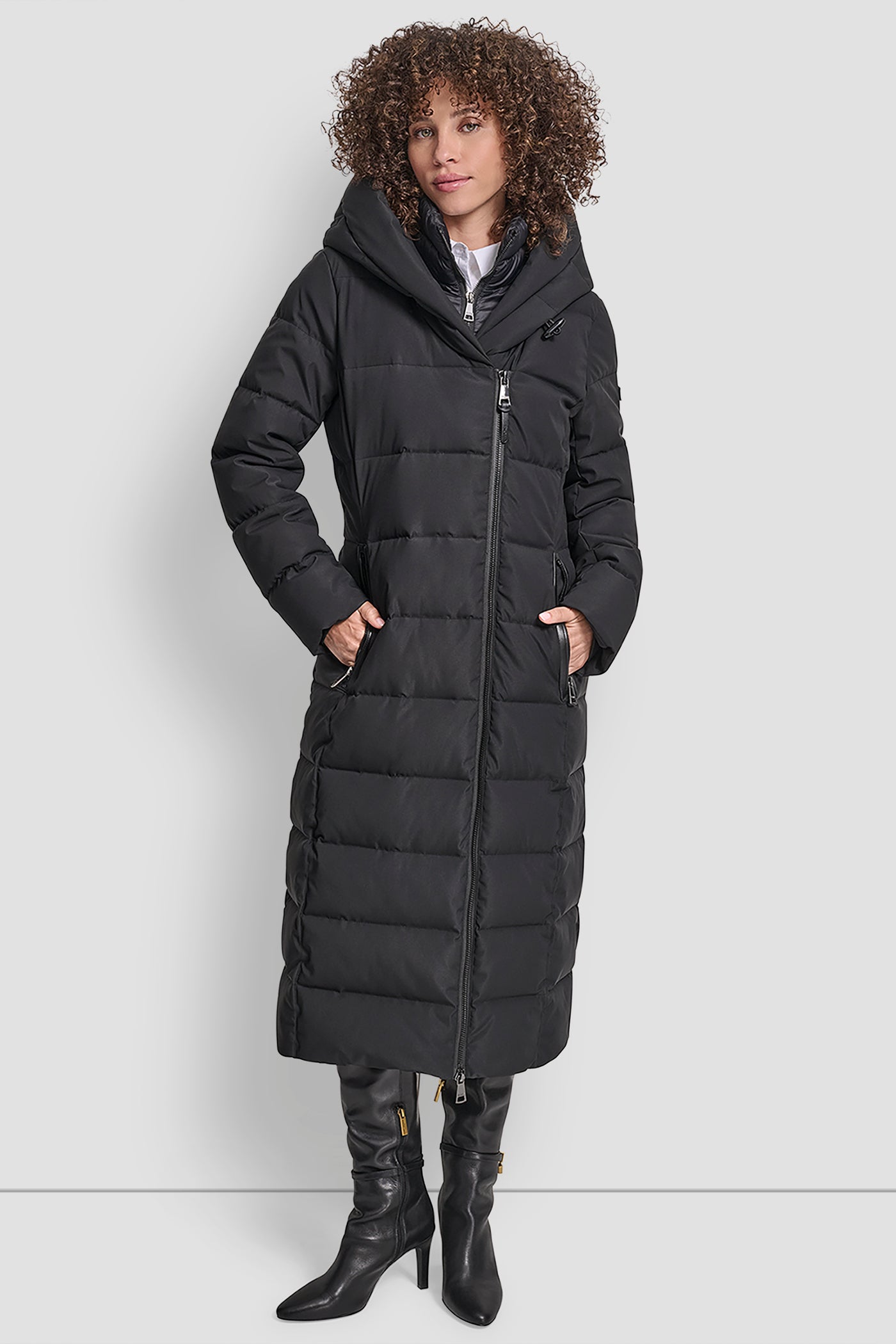 Black BIBBED SHAWL COLLAR HOODED PUFFER, FRONT VIEW | New Arrivals