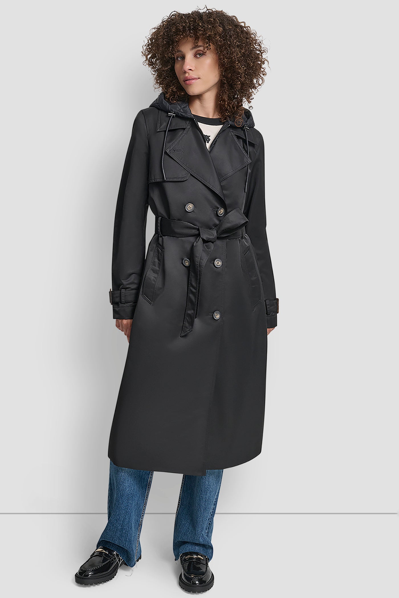 Black LONG TRENCH COAT, VIEW 1 | DKNY Promo