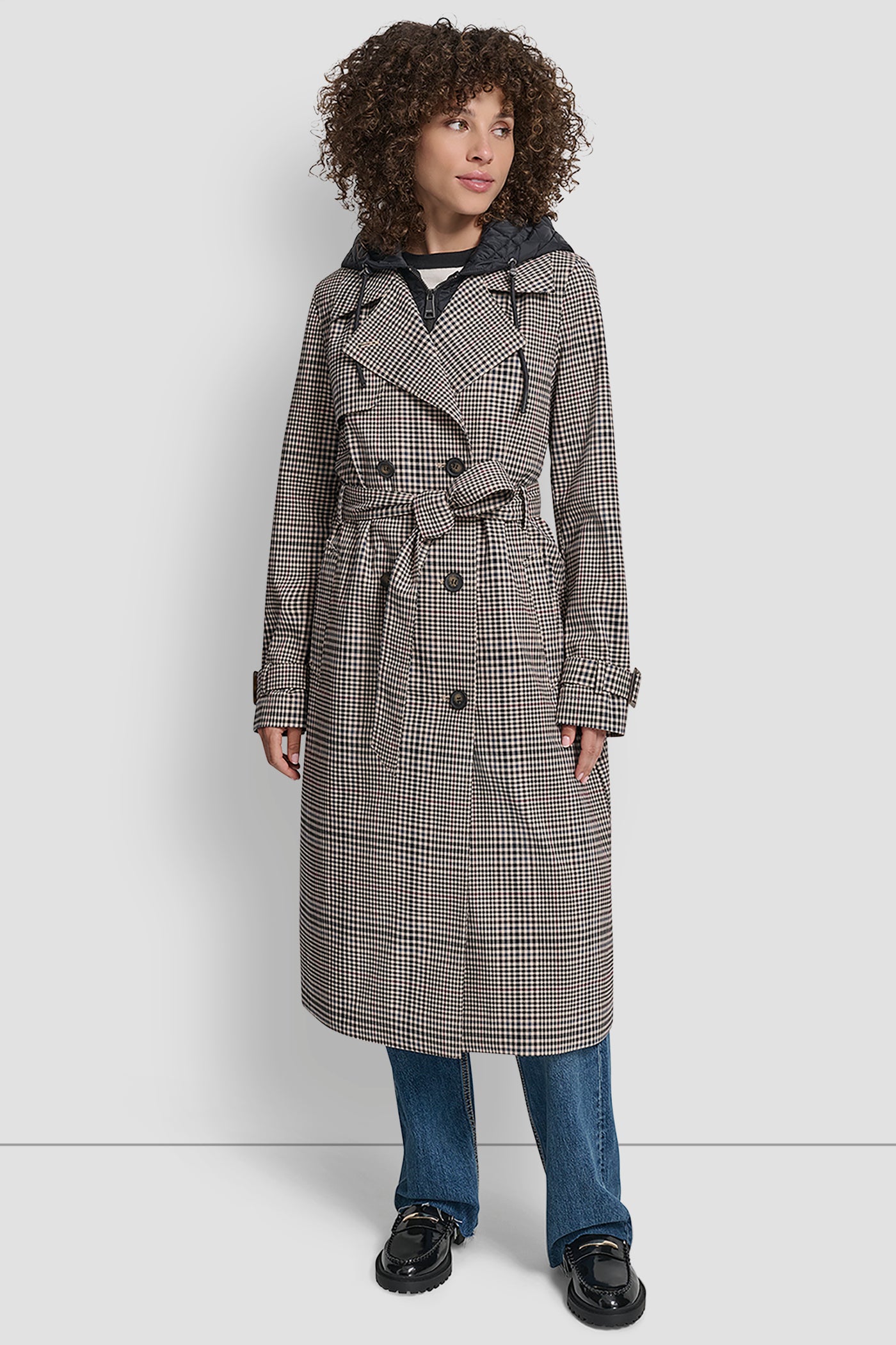 HERITAGE PLAID LONG TRENCH COAT, VIEW 1 | DKNY Promo