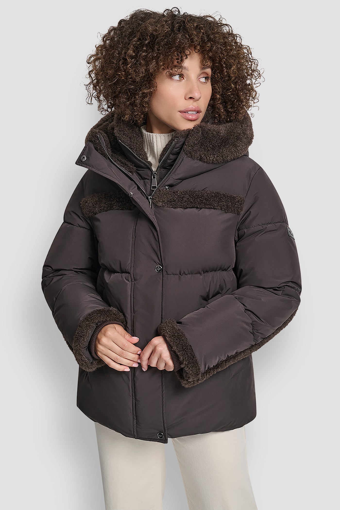 BITTER FAUX FUR SPILL BIB SHORT PUFFER JACKET, VIEW 1 | DKNY Promo
