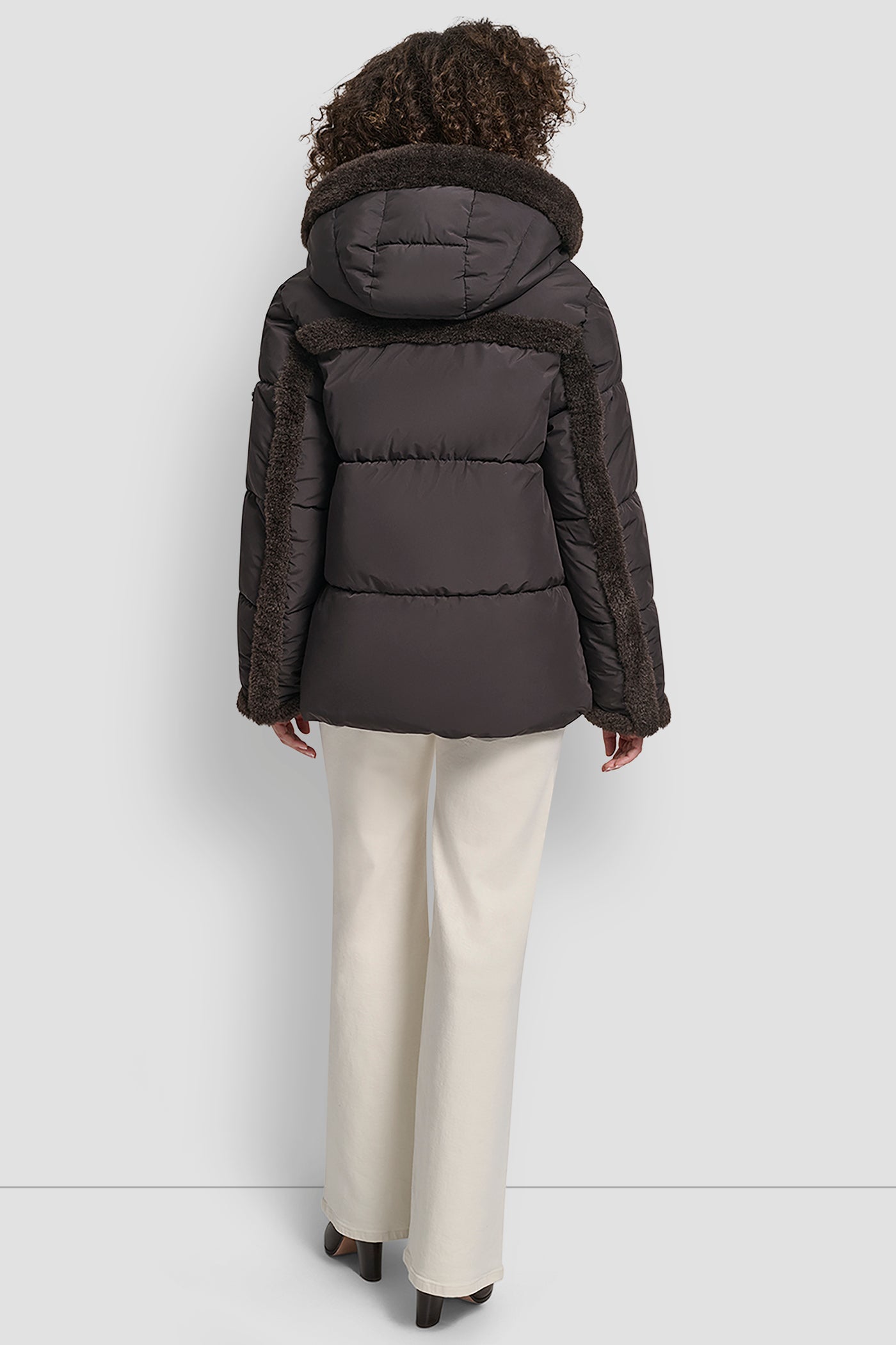 BITTER FAUX FUR SPILL BIB SHORT PUFFER JACKET, VIEW 2 | DKNY Promo