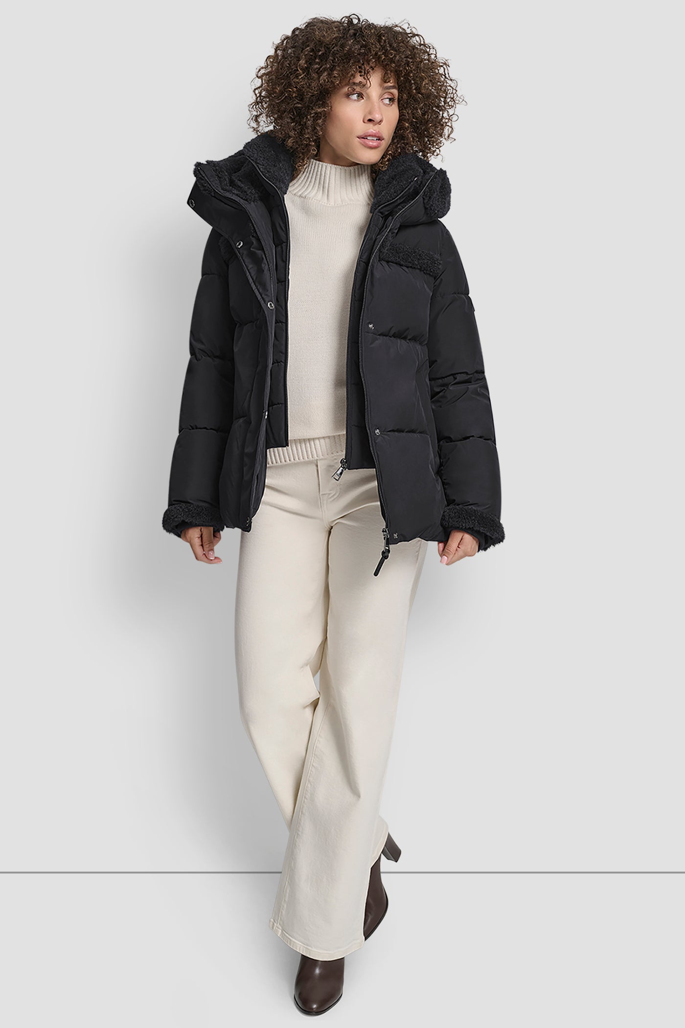 FAUX FUR SPILL BIB SHORT PUFFER JACKET VIEW 7 | DKNY Promo