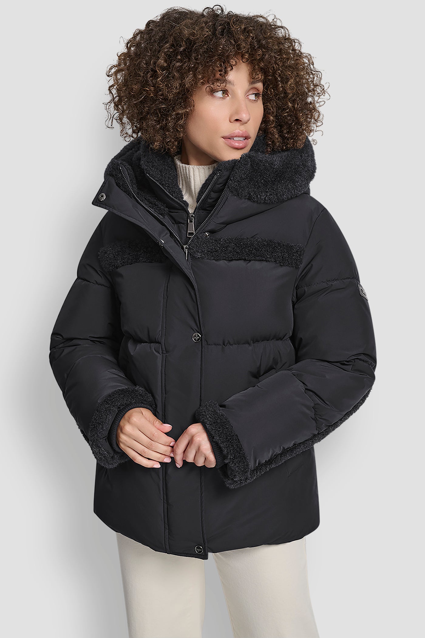 Black FAUX FUR SPILL BIB SHORT PUFFER JACKET, VIEW 1 | DKNY Promo