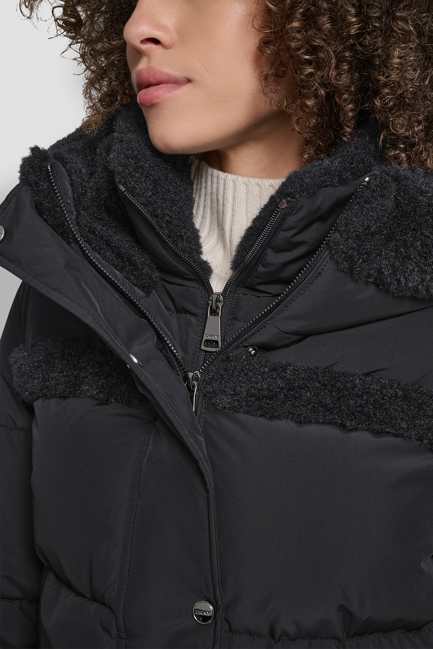 FAUX FUR SPILL BIB SHORT PUFFER JACKET VIEW 4 | DKNY Promo