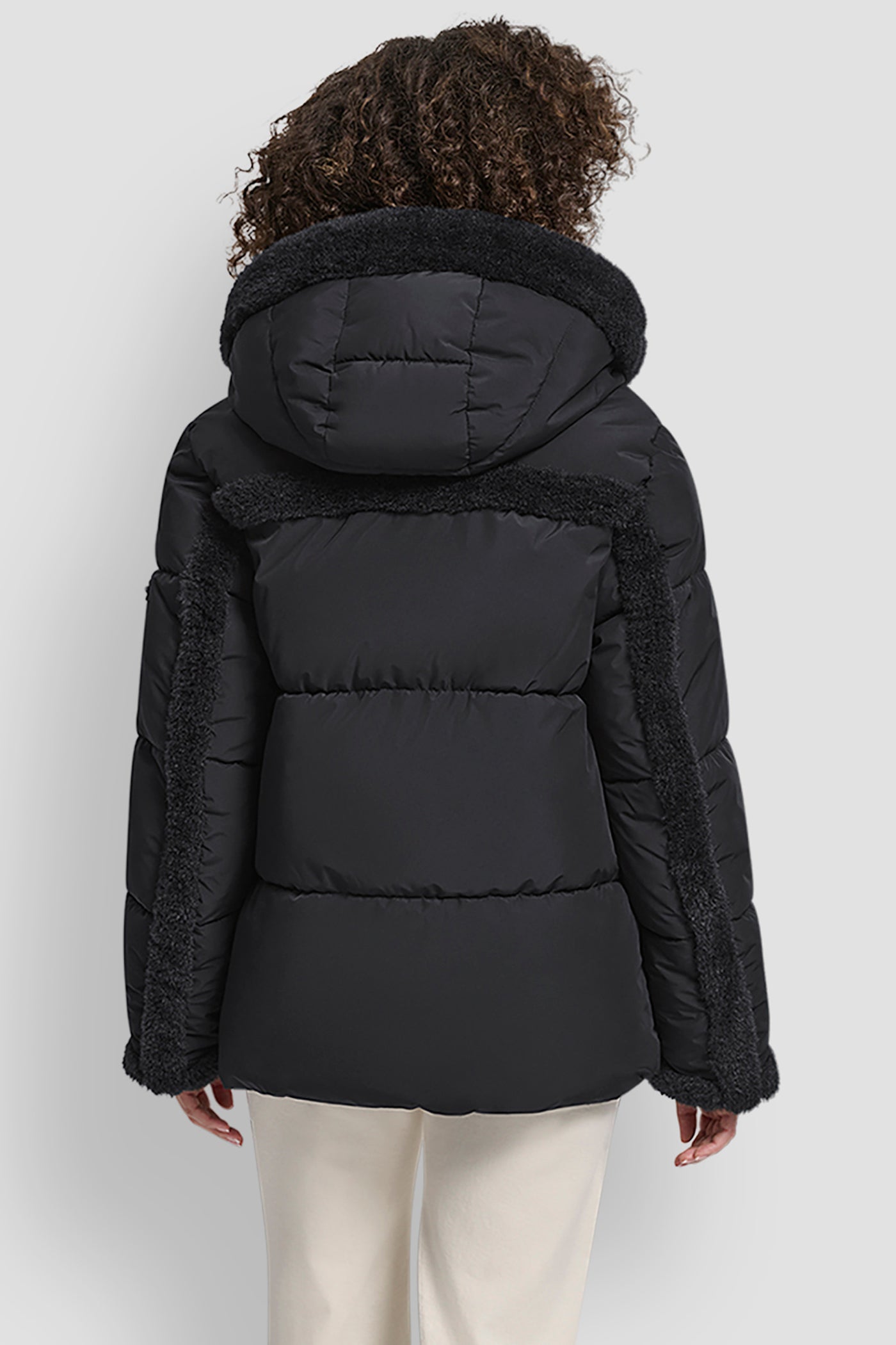 Black FAUX FUR SPILL BIB SHORT PUFFER JACKET, VIEW 2 | DKNY Promo