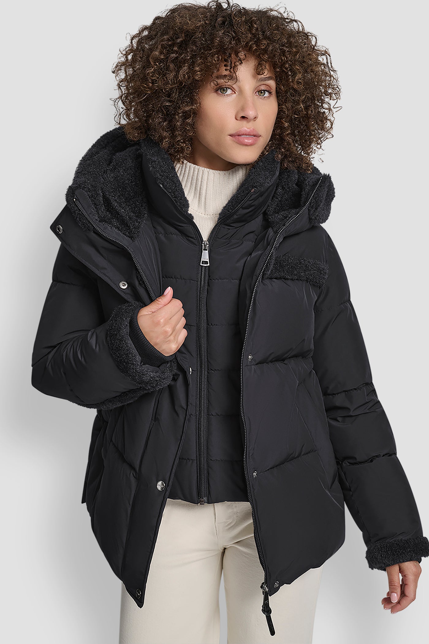 FAUX FUR SPILL BIB SHORT PUFFER JACKET VIEW 5 | DKNY Promo
