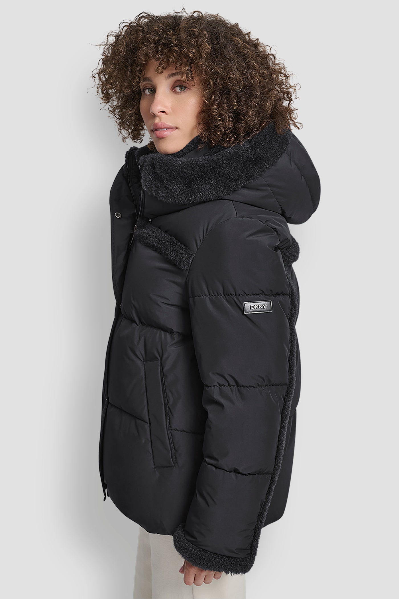 FAUX FUR SPILL BIB SHORT PUFFER JACKET VIEW 3 | DKNY Promo