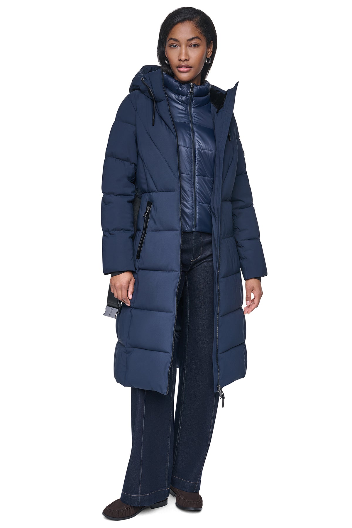 LONG BELTED PUFFER WITH BIB VIEW 1