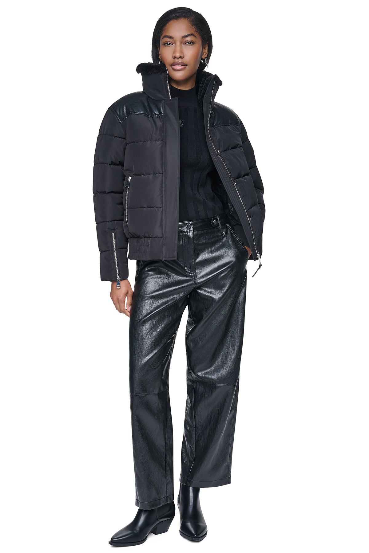 FAUX LEATHER PANELED PUFFER VIEW 2