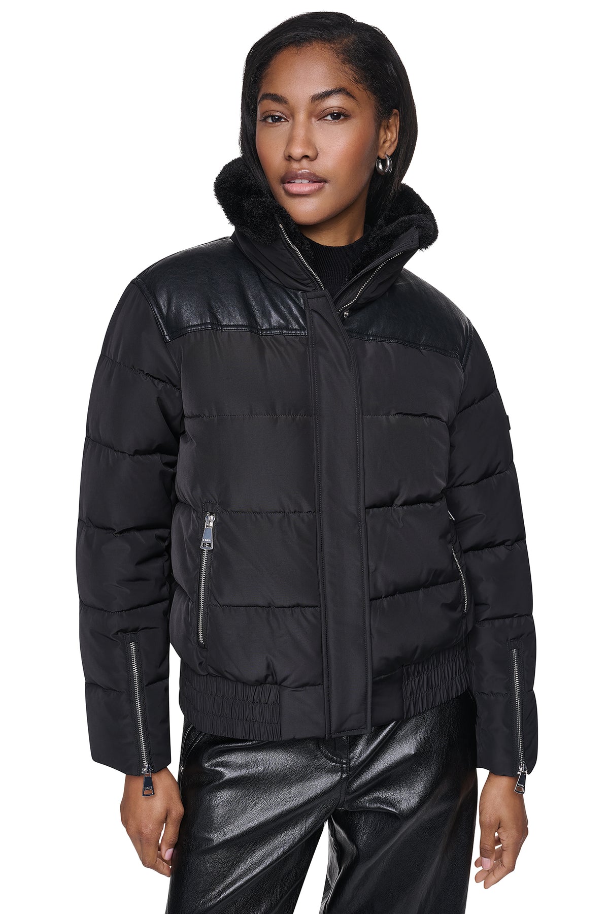 FAUX LEATHER PANELED PUFFER VIEW 1