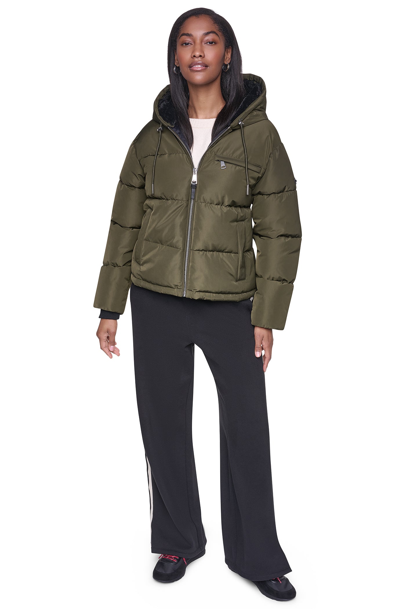 CONTRAST LINED SHORT HOODED PUFFER VIEW 5