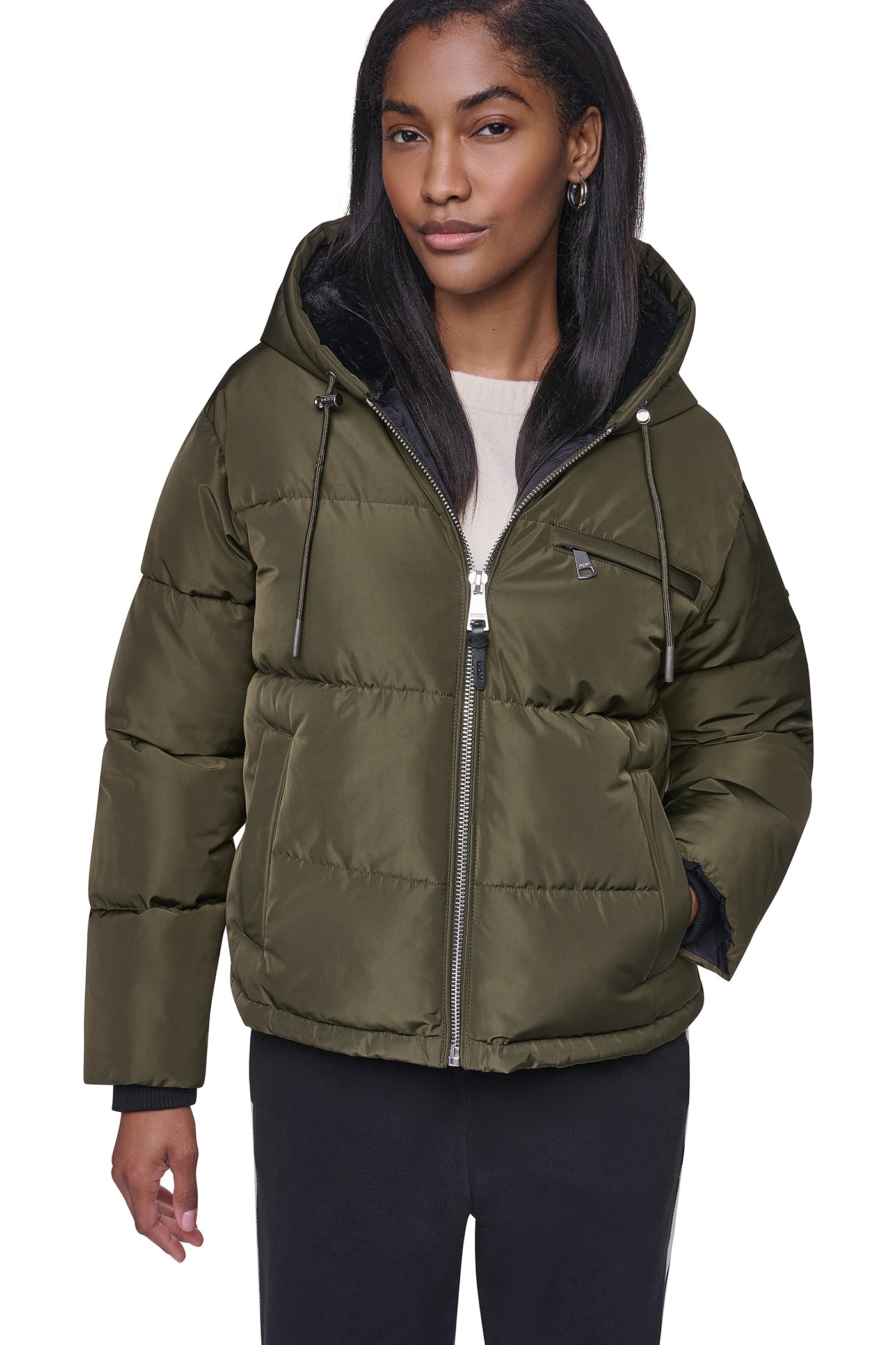 CONTRAST LINED SHORT HOODED PUFFER VIEW 1