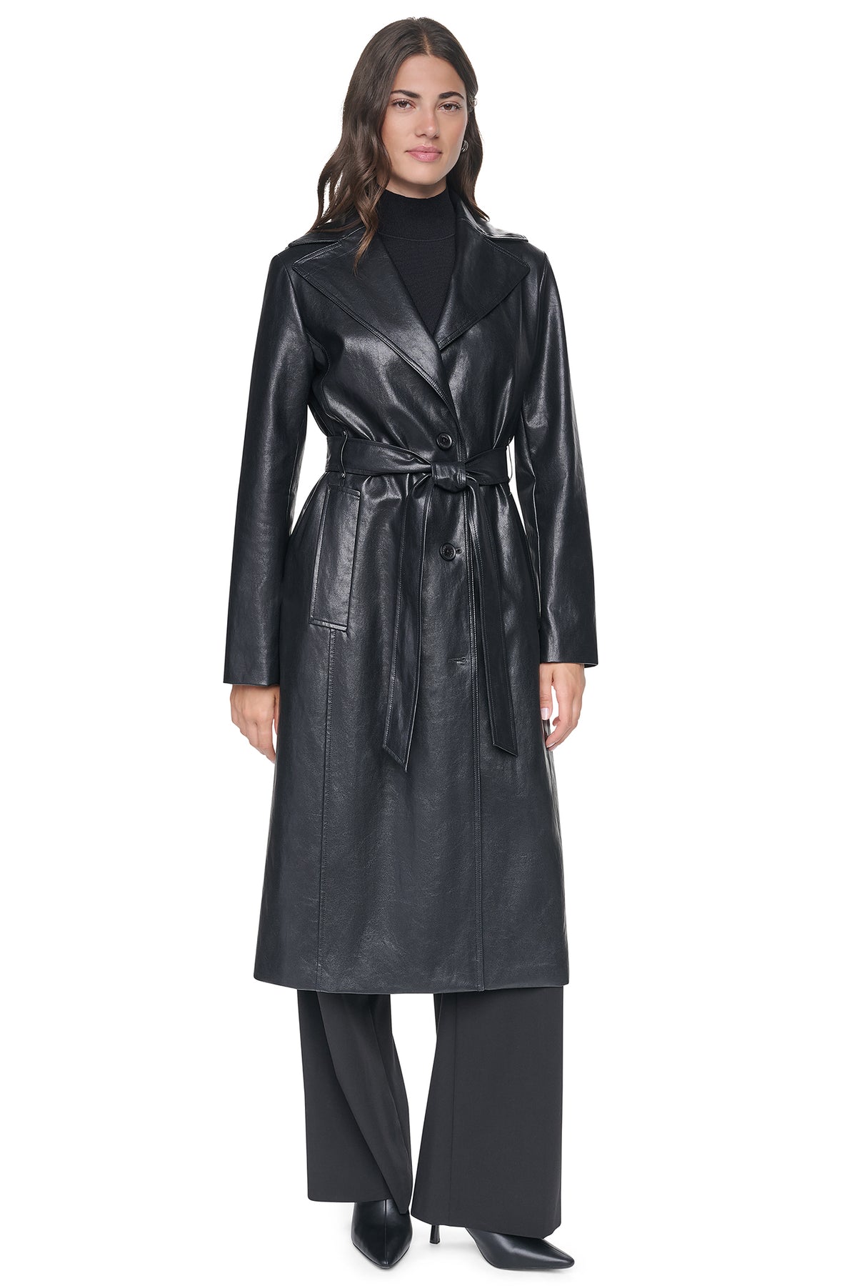 VEGAN LEATHER TRENCH WITH FAUX FUR COLLAR VIEW 2