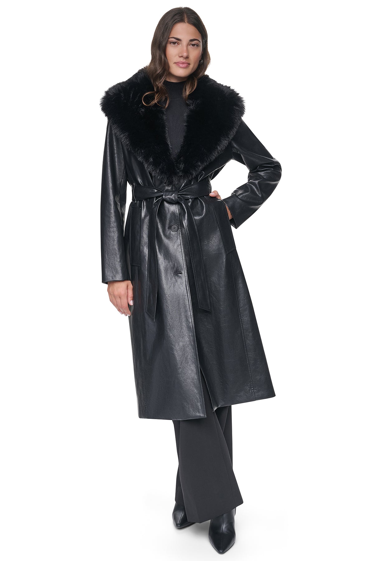 VEGAN LEATHER TRENCH WITH FAUX FUR COLLAR VIEW 2