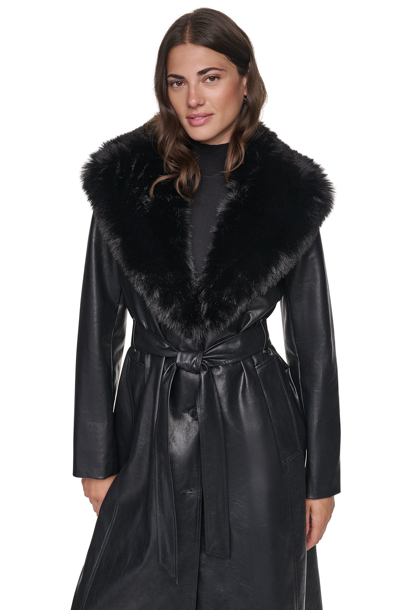 Vegan Leather Trench With Faux Fur Collar | DKNY