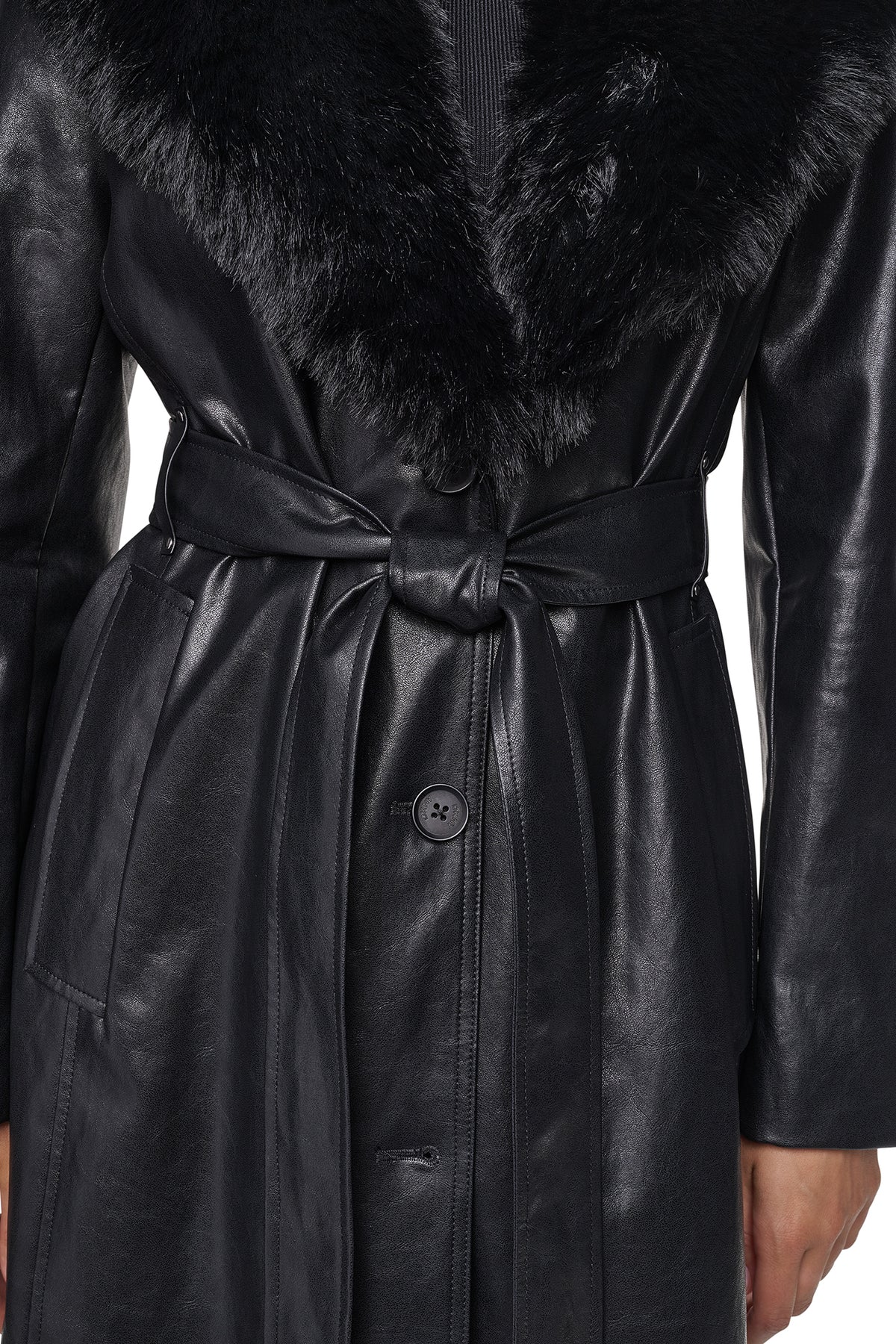 VEGAN LEATHER TRENCH WITH FAUX FUR COLLAR VIEW 2