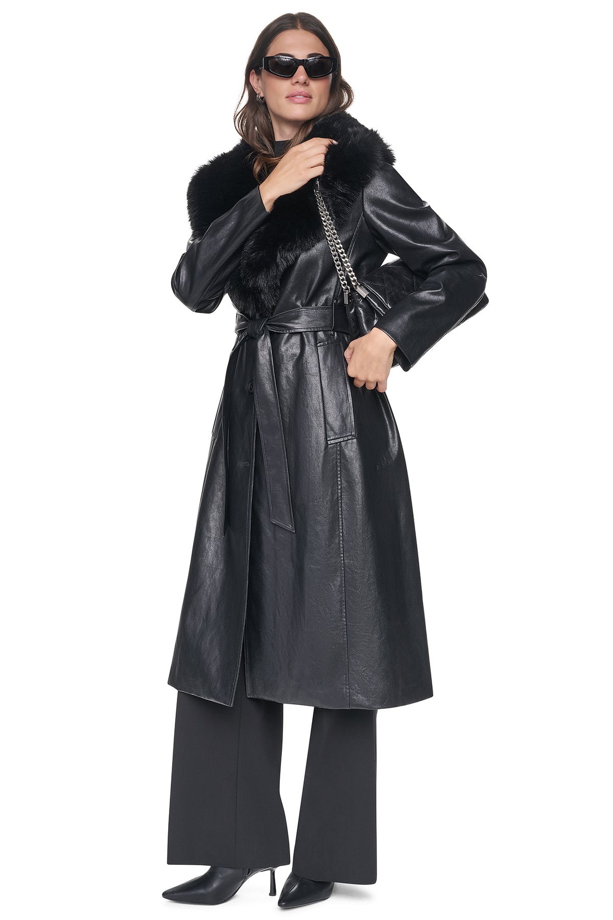 VEGAN LEATHER TRENCH WITH FAUX FUR COLLAR VIEW 1