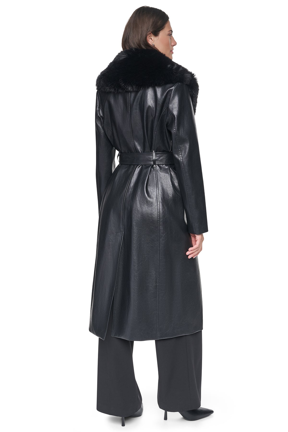 VEGAN LEATHER TRENCH WITH FAUX FUR COLLAR VIEW 2