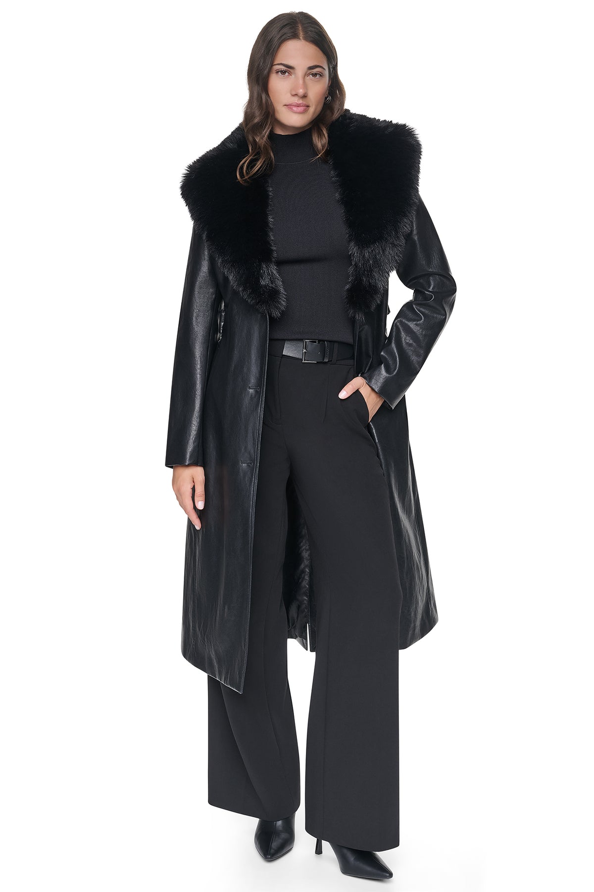 VEGAN LEATHER TRENCH WITH FAUX FUR COLLAR VIEW 2