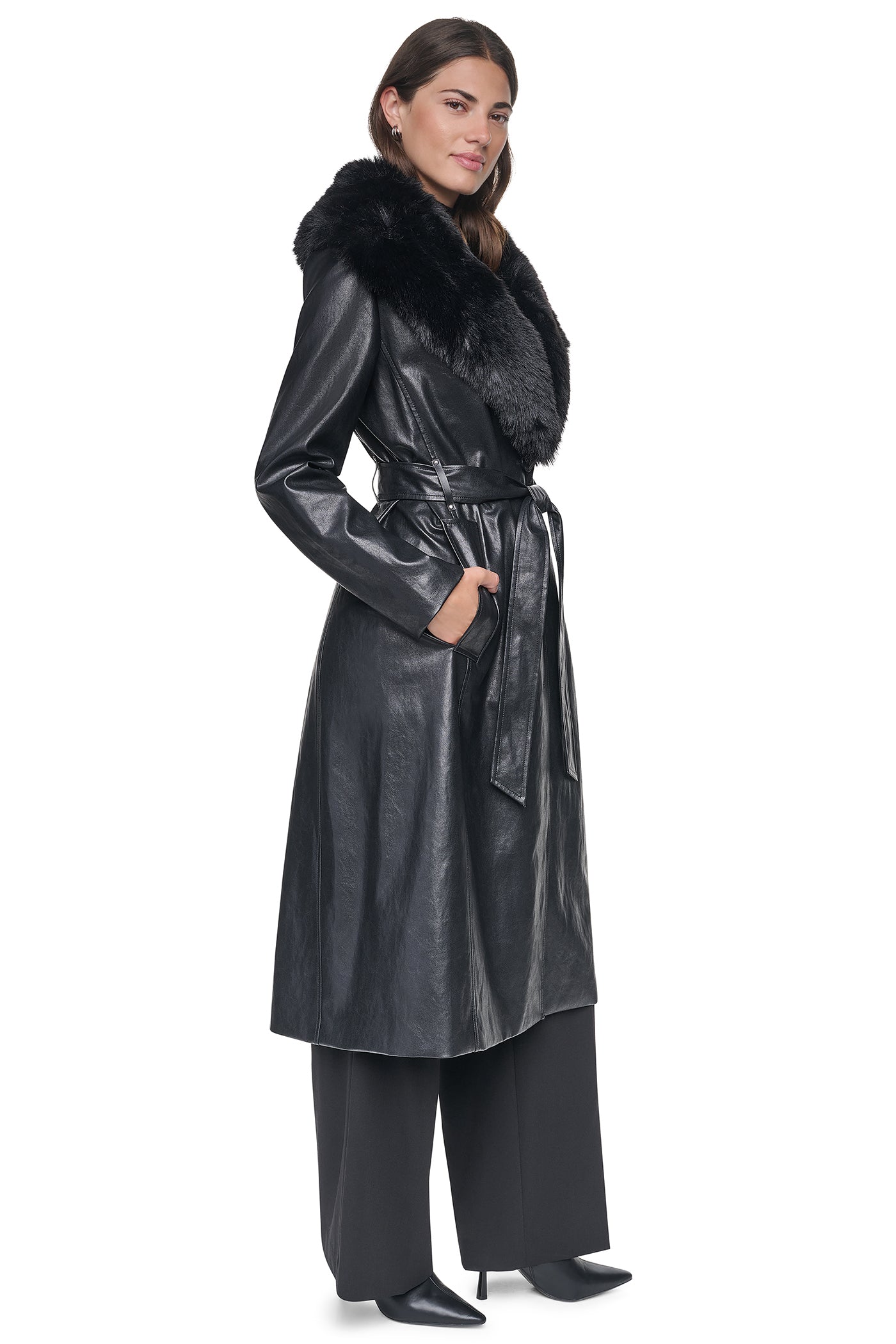 Vegan Leather Trench With Faux Fur Collar | DKNY