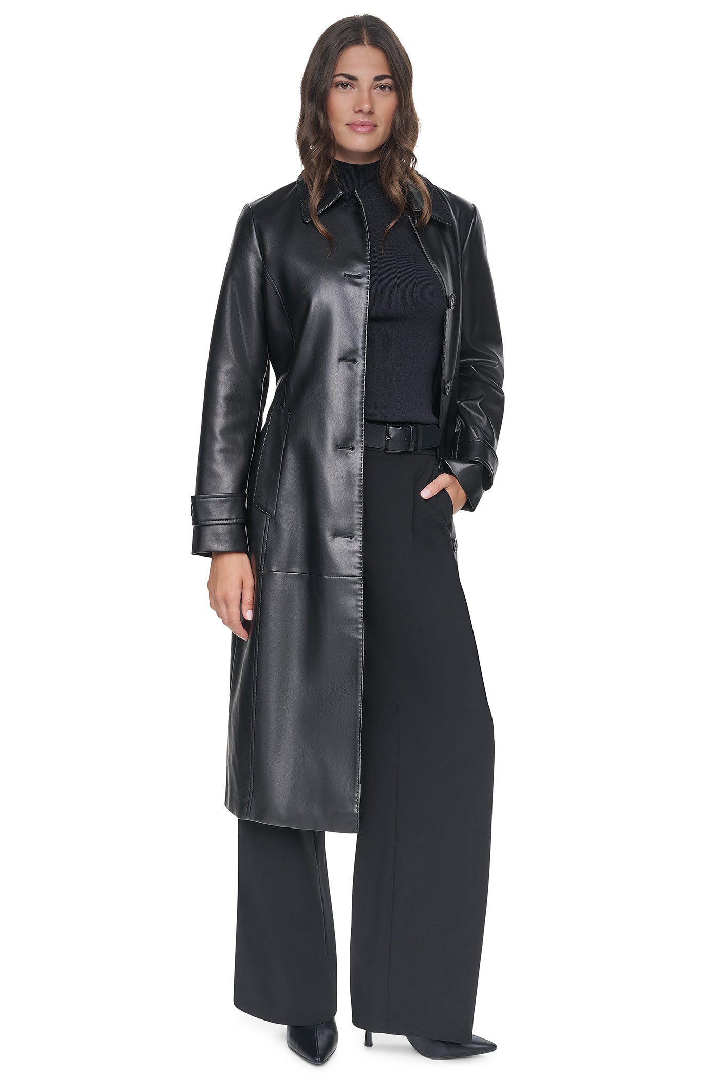 FAUX LEATHER BELTED LONG TRENCH VIEW 3
