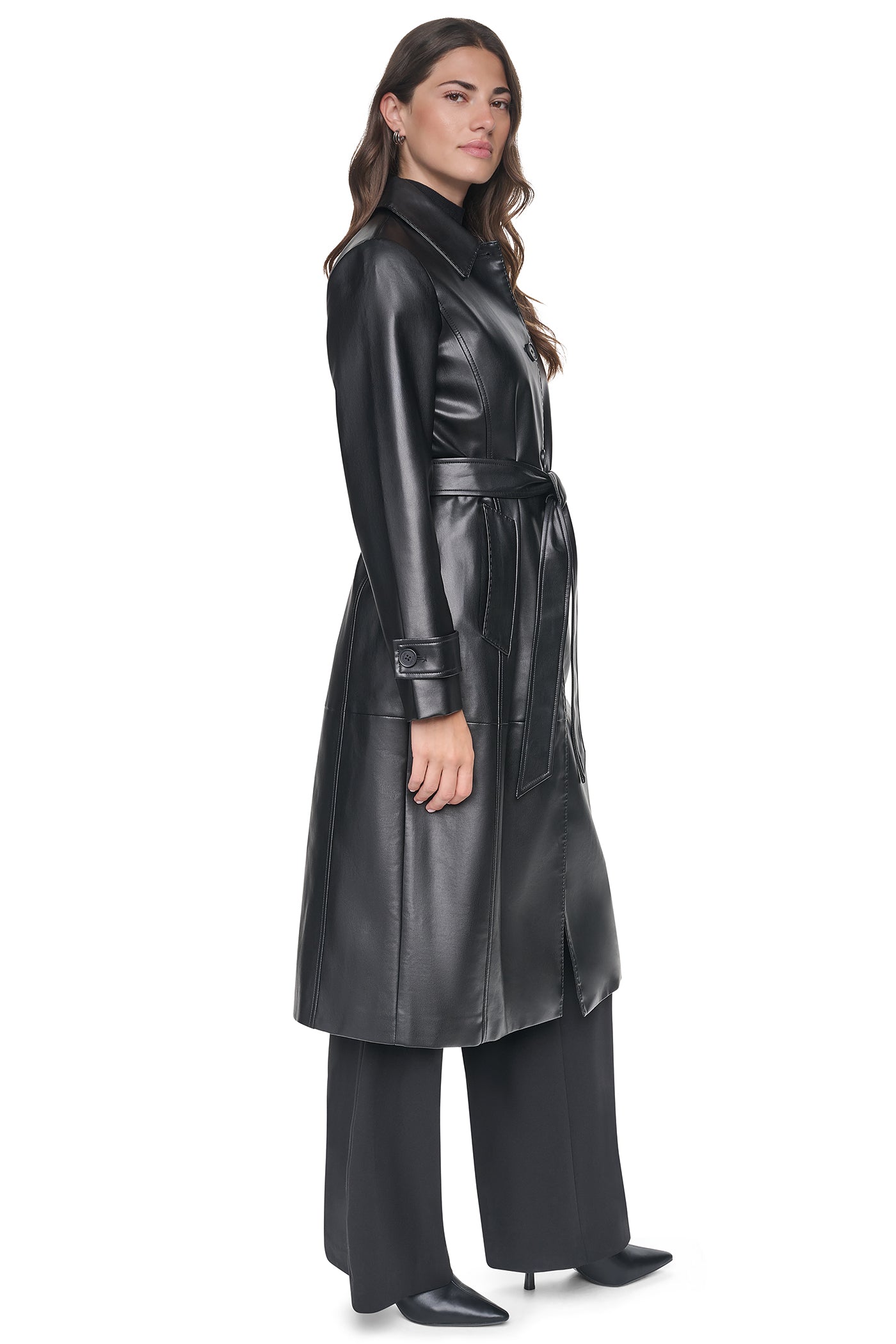 FAUX LEATHER BELTED LONG TRENCH VIEW 4
