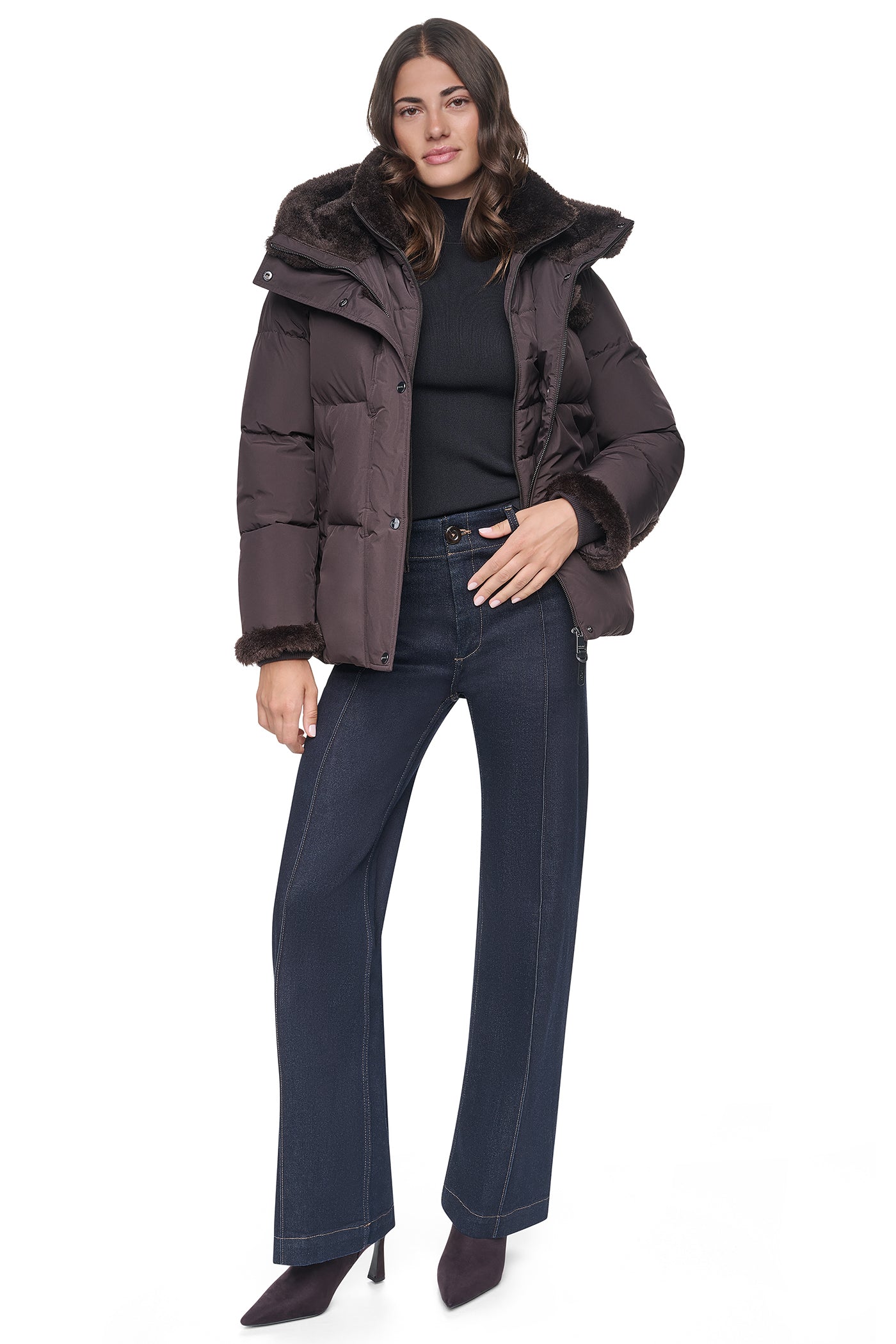 FAUX FUR TRIMMED HOODED PUFFER VIEW 2