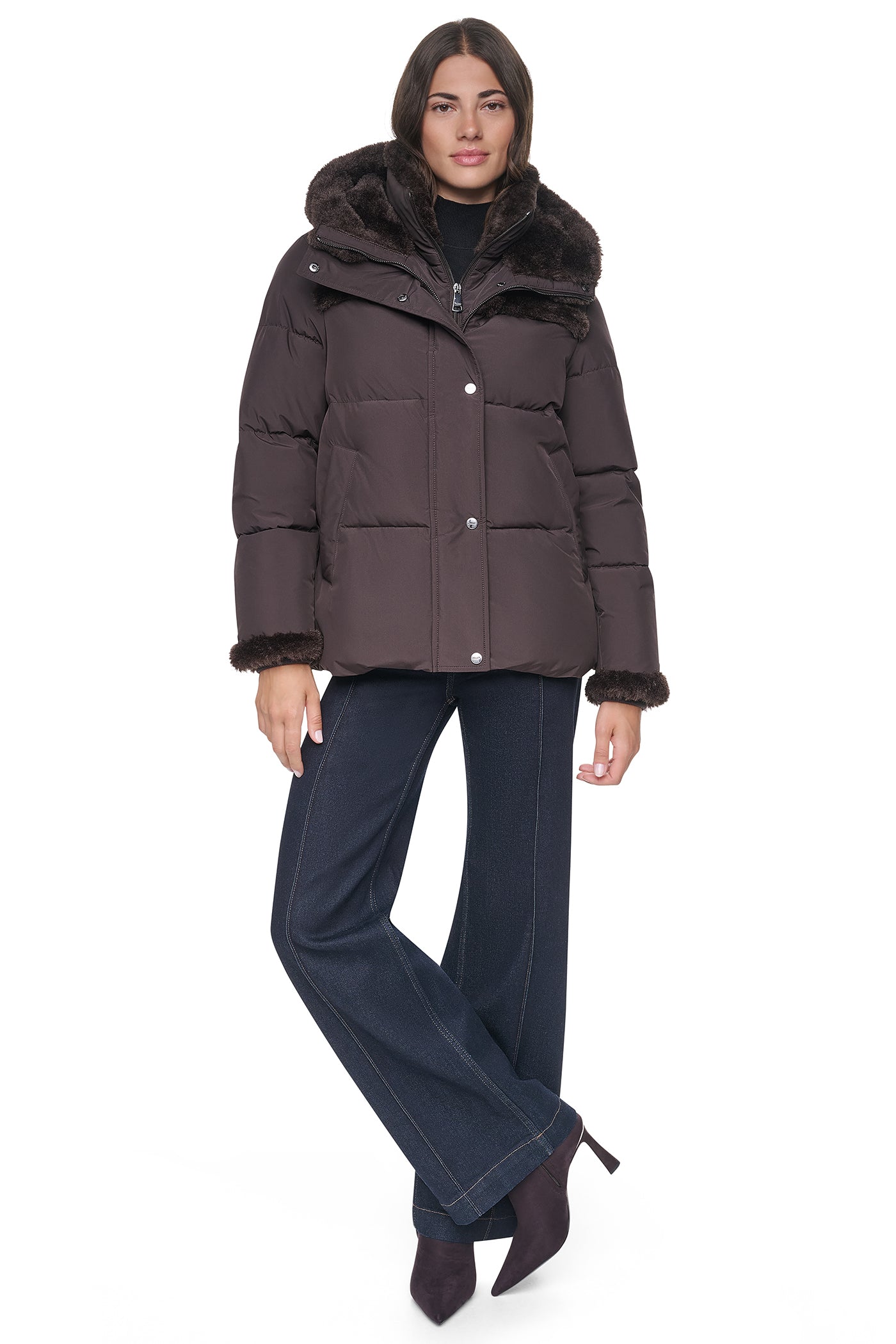 FAUX FUR TRIMMED HOODED PUFFER VIEW 2
