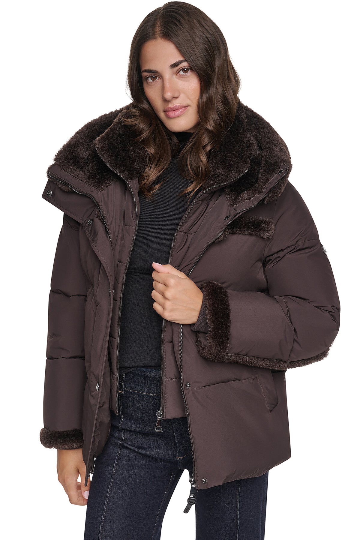 FAUX FUR TRIMMED HOODED PUFFER VIEW 1
