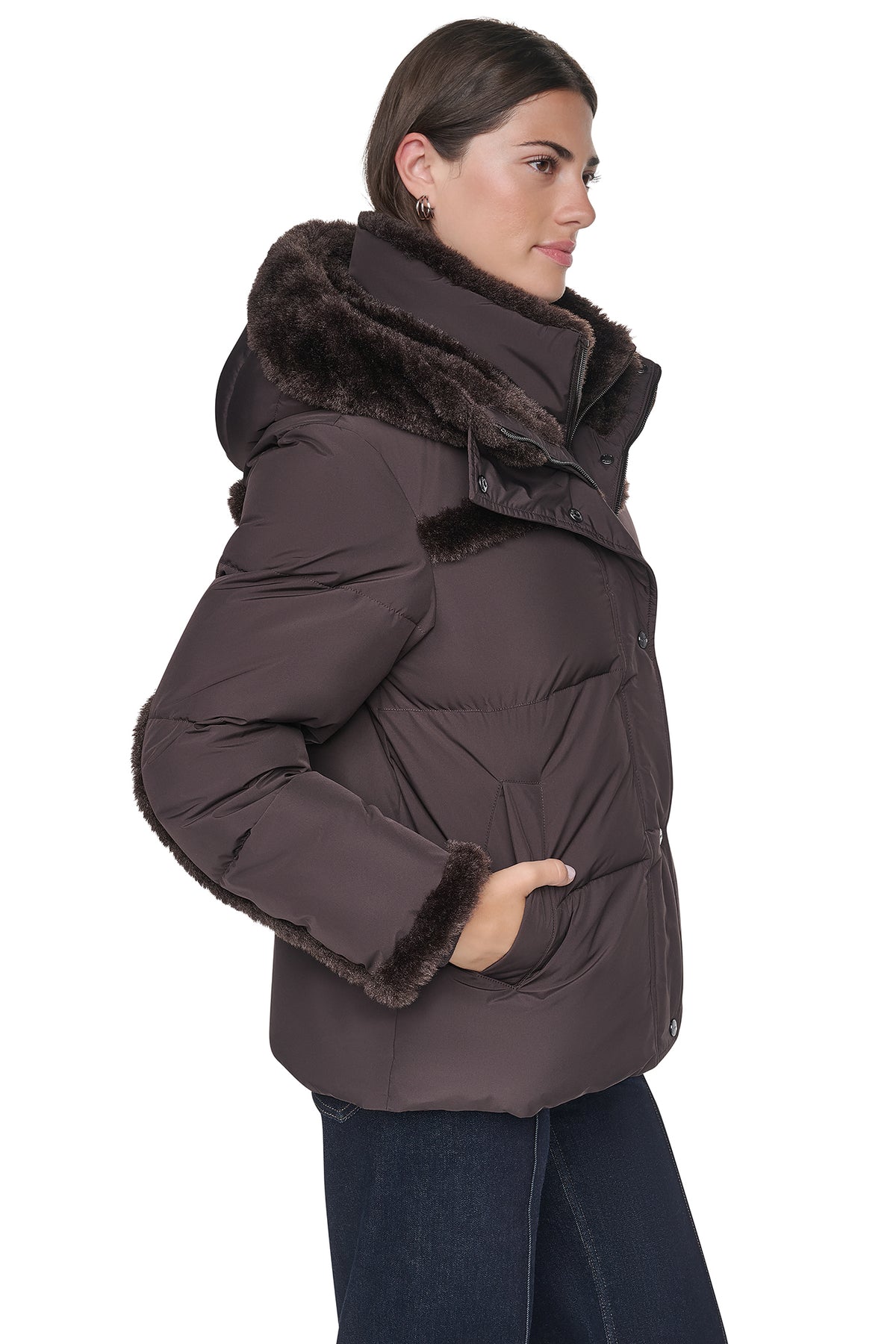 FAUX FUR TRIMMED HOODED PUFFER VIEW 2