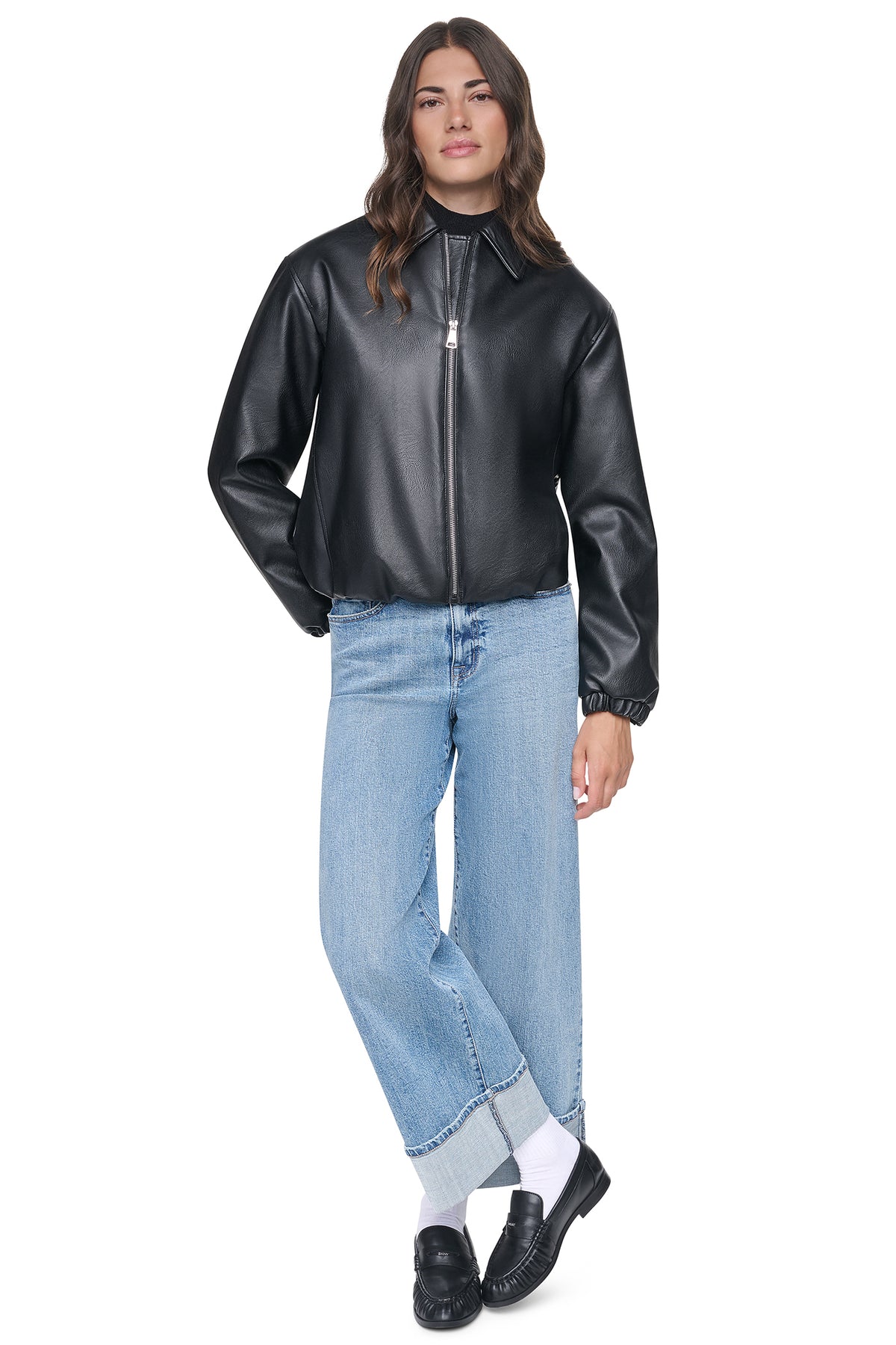 VEGAN LEATHER BUBBLE HEM JACKET VIEW 2