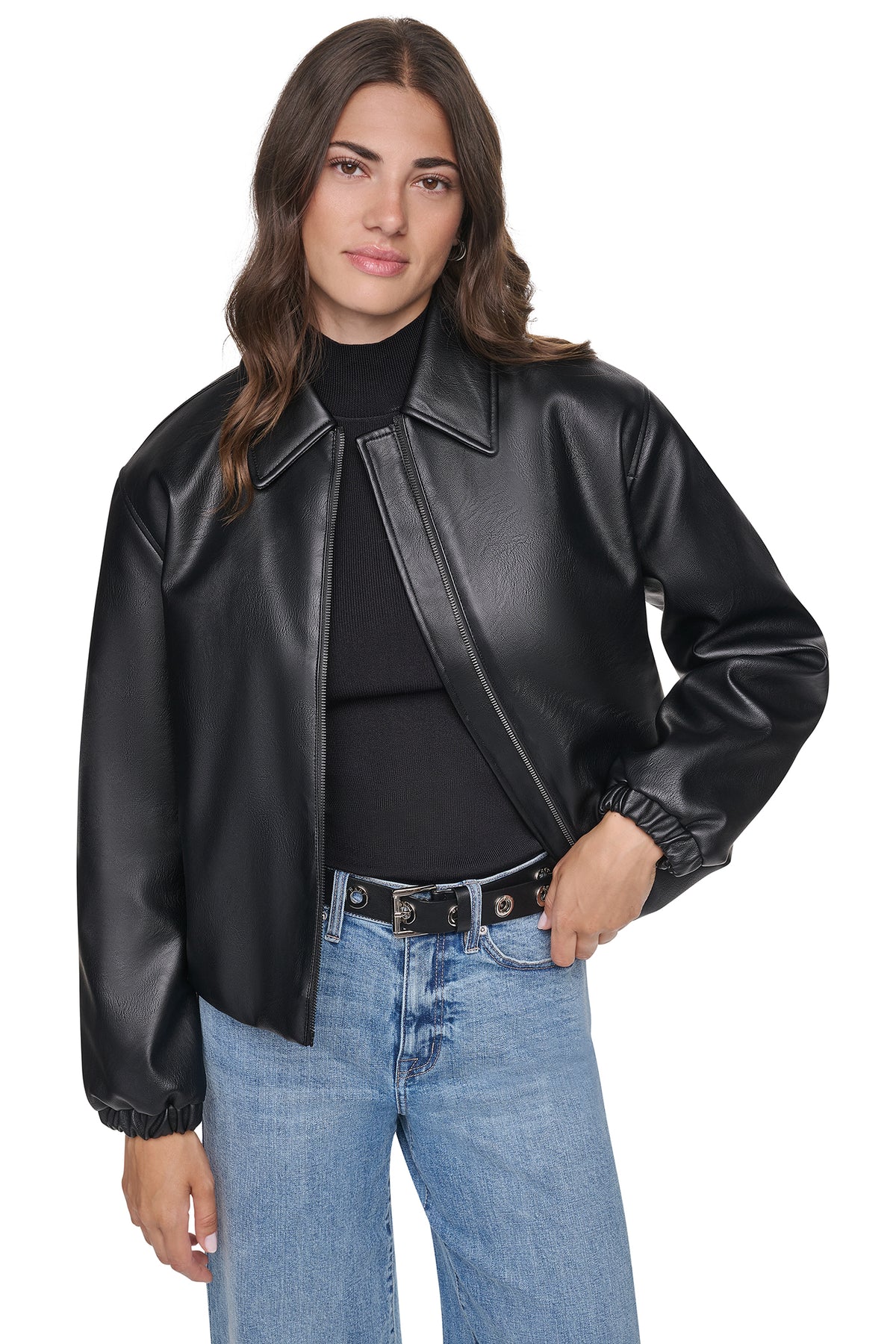 VEGAN LEATHER BUBBLE HEM JACKET View 1 | WOMENS COATS & JACKETS
