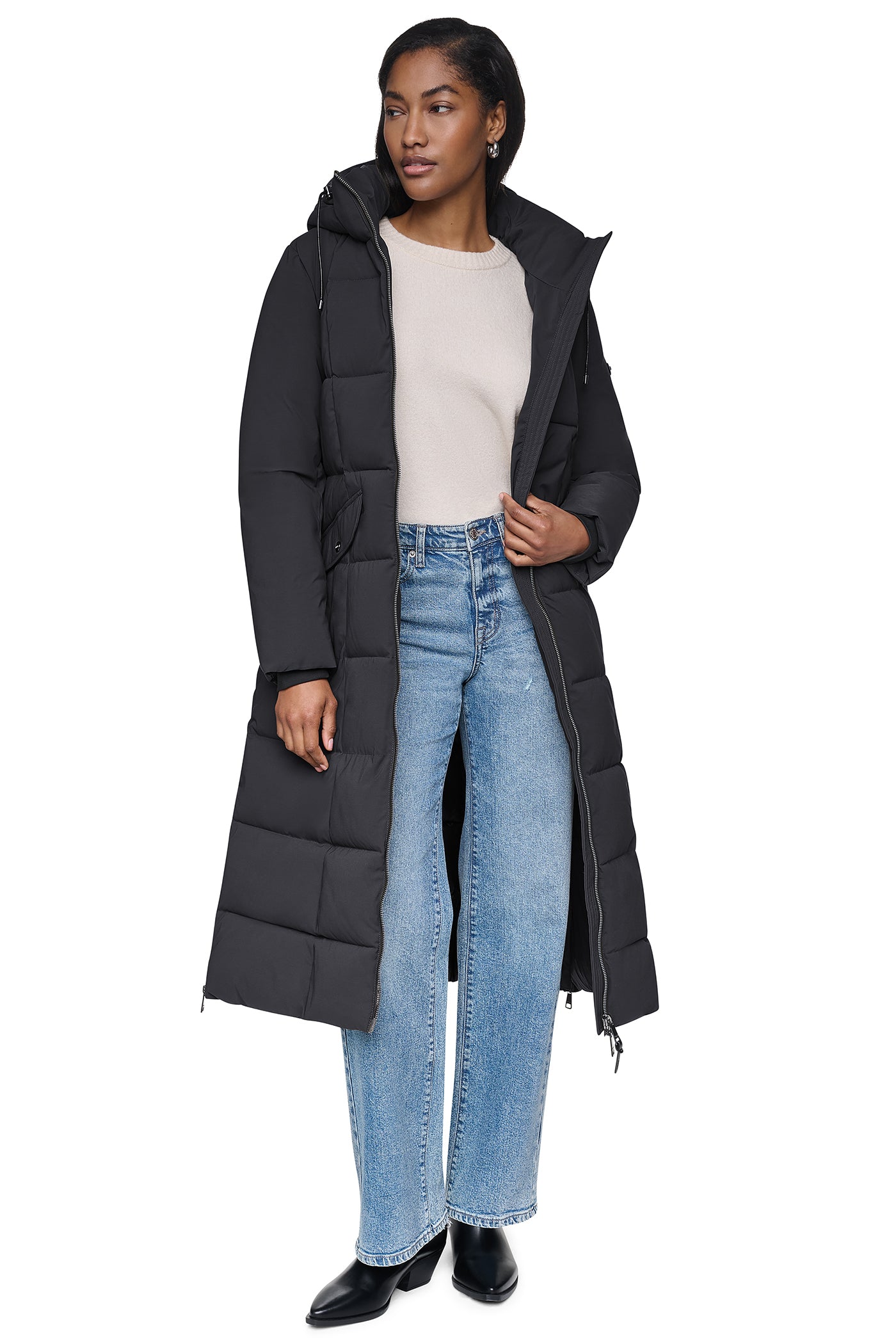 DKNY ダウンジャケット フード付き ブラック サイズ4 Maxi Puffer With Belt | DKNY