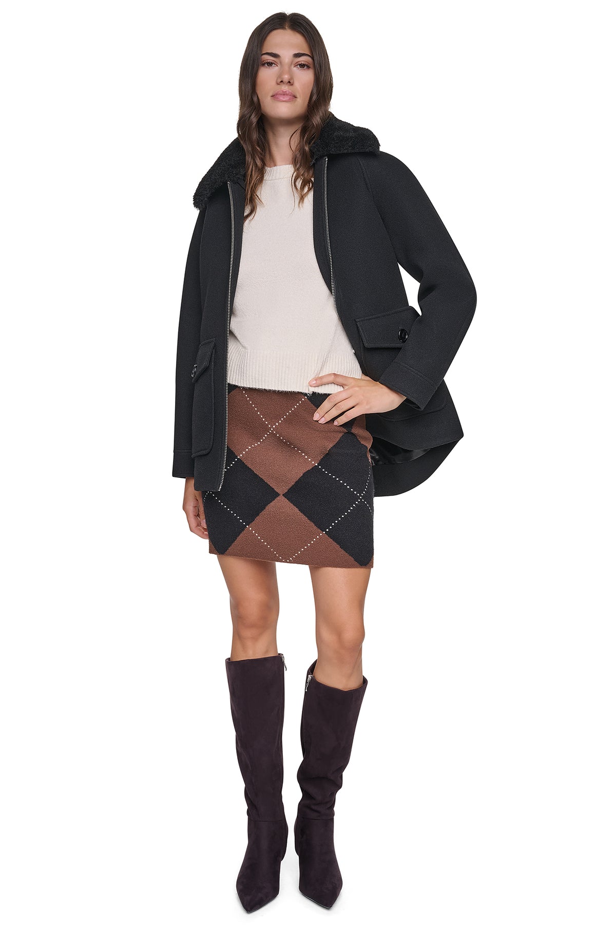 FRONT-ZIP FAUX FUR COLLAR COAT VIEW 2